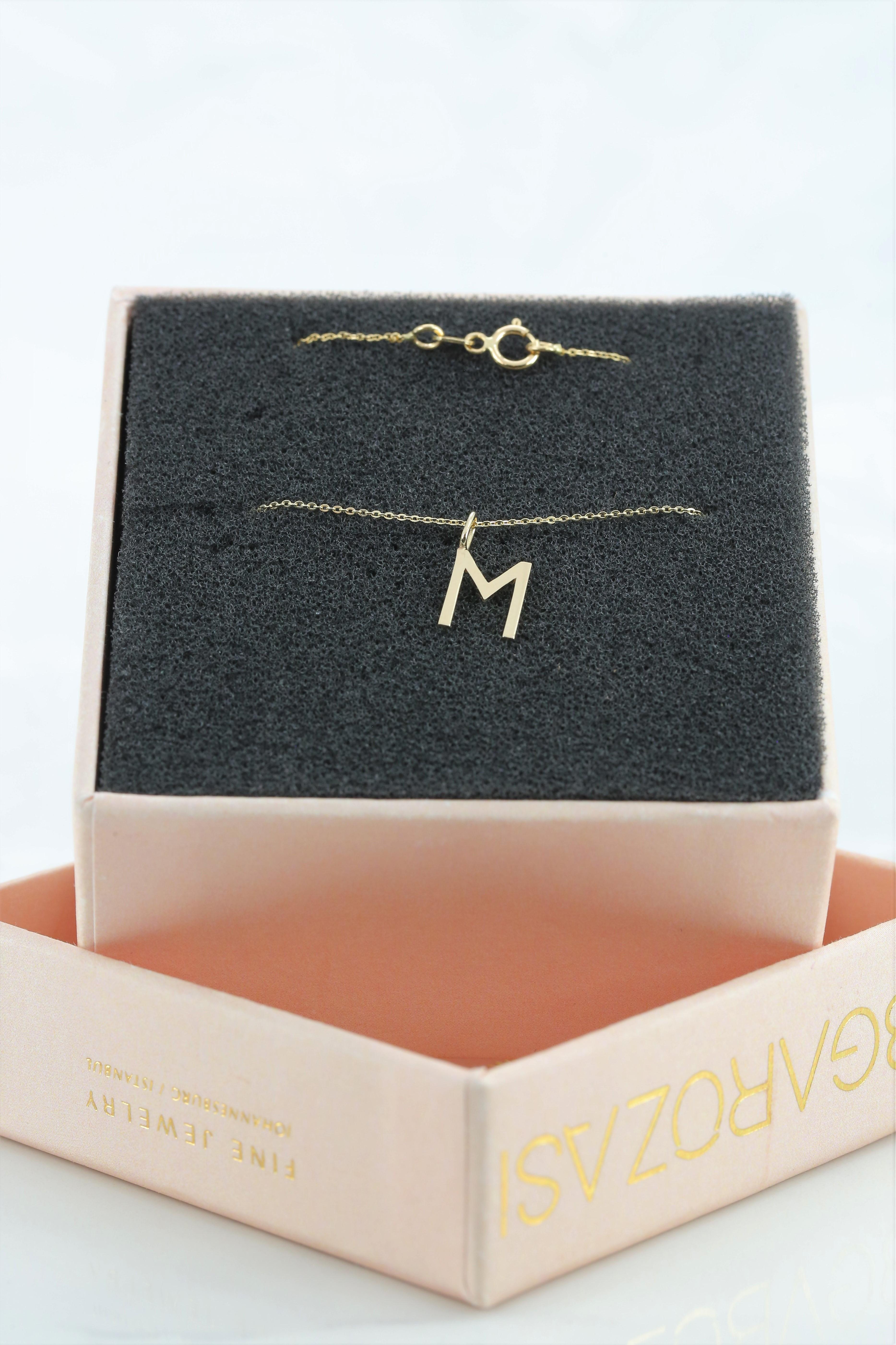 14k Gold Necklaces, Letter Necklace Models, Letter M Gold Necklace-Gift Necklace In New Condition For Sale In ISTANBUL, TR