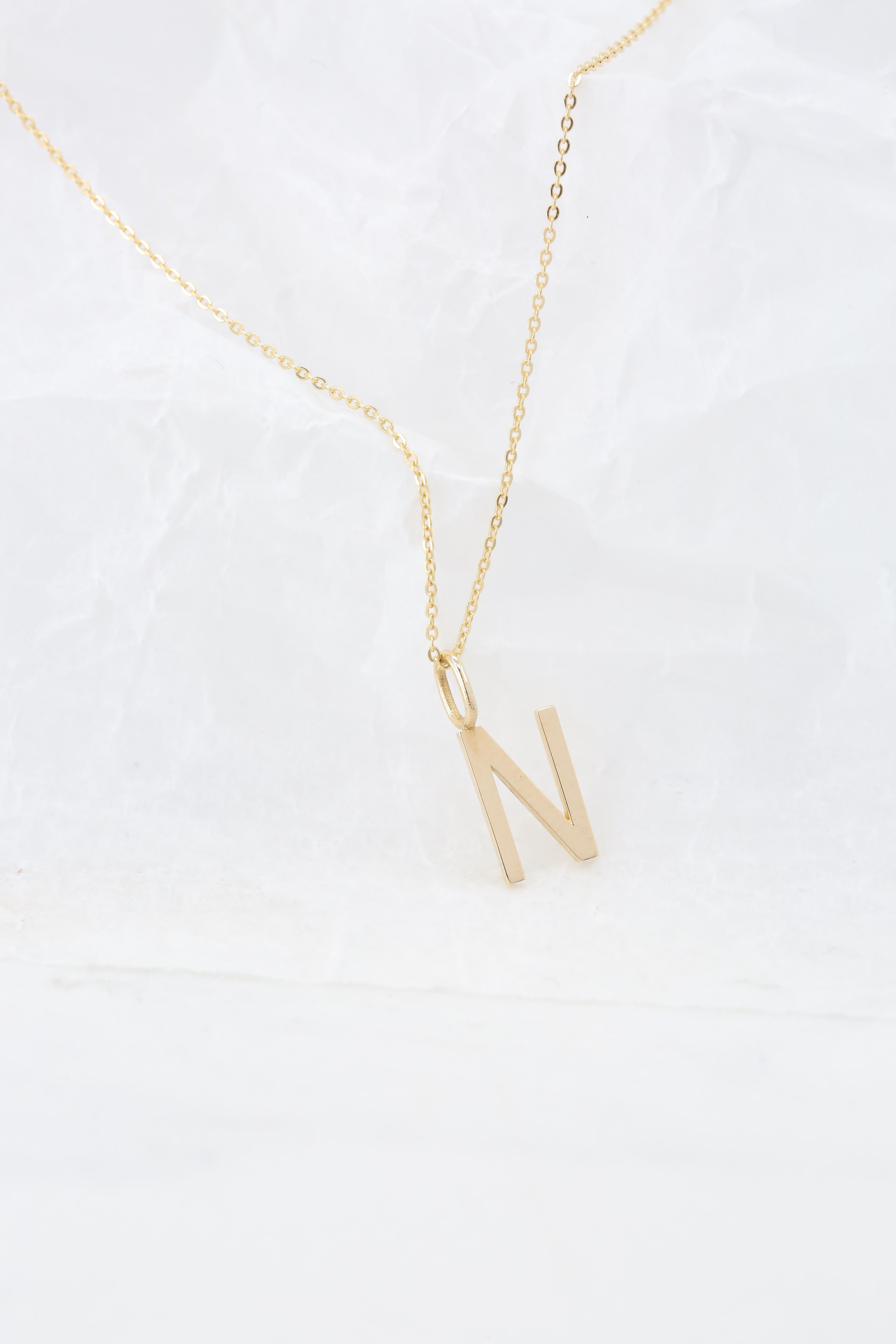 Modern 14k Gold Necklaces, Letter Necklace Models, Letter N Gold Necklace-Gift Necklace For Sale
