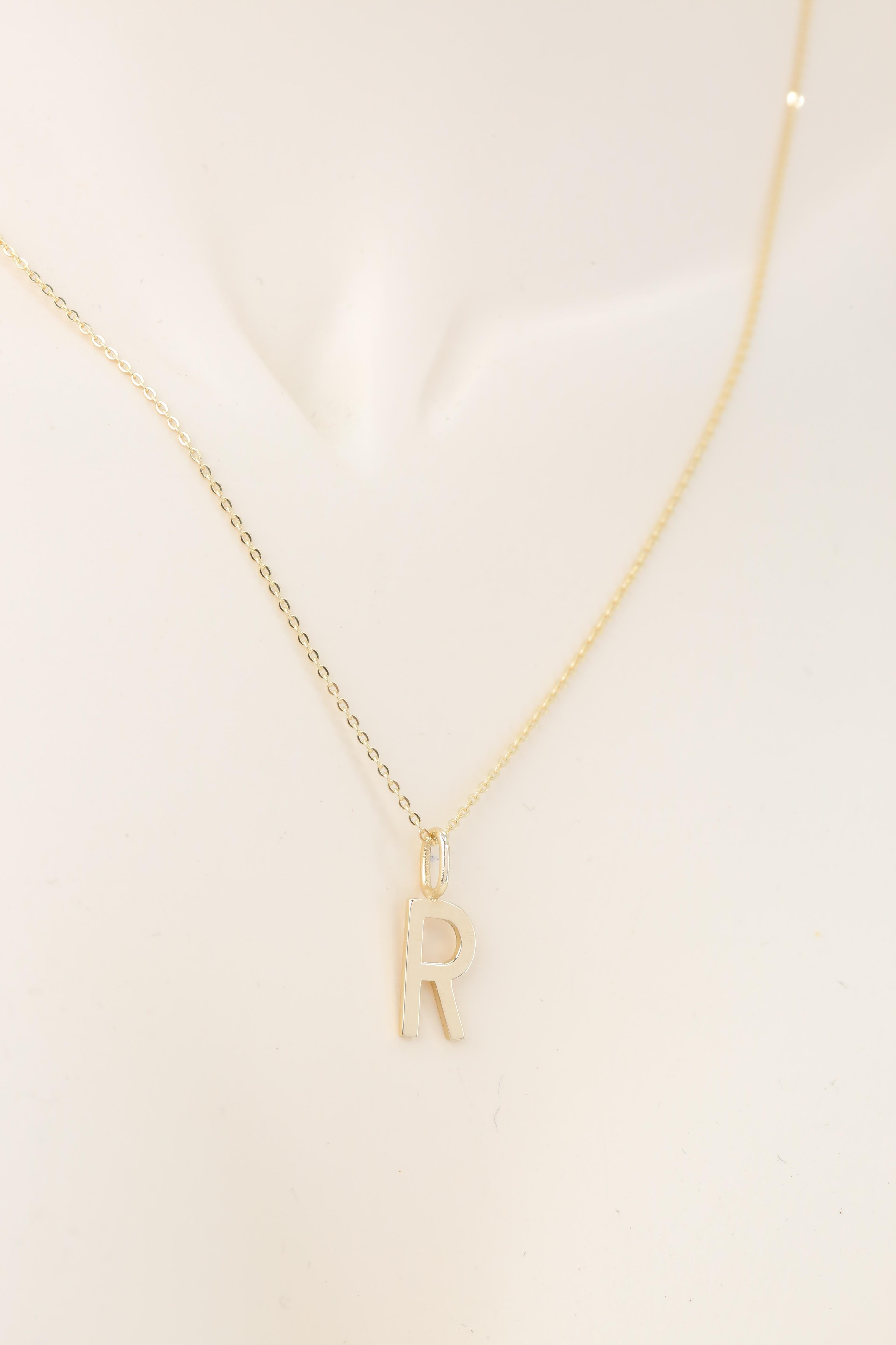 Women's or Men's 14k Gold Necklaces, Letter Necklace Models, Letter R Gold Necklace-Gift Necklace For Sale