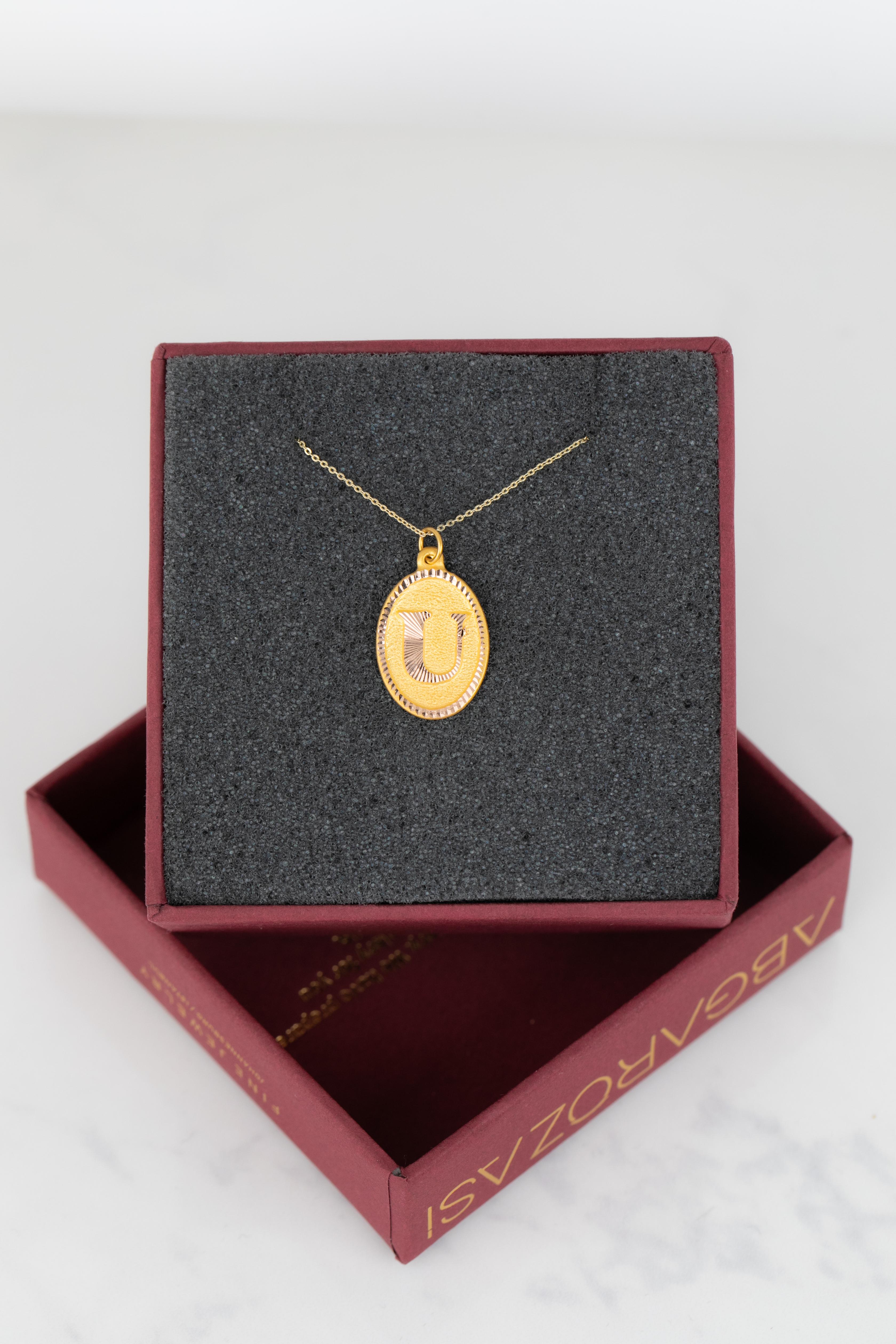 14k Gold Halsketten, Buchstaben Halskette Modelle, Buchstabe U Gold Halskette-Gift Halskette im Angebot 3