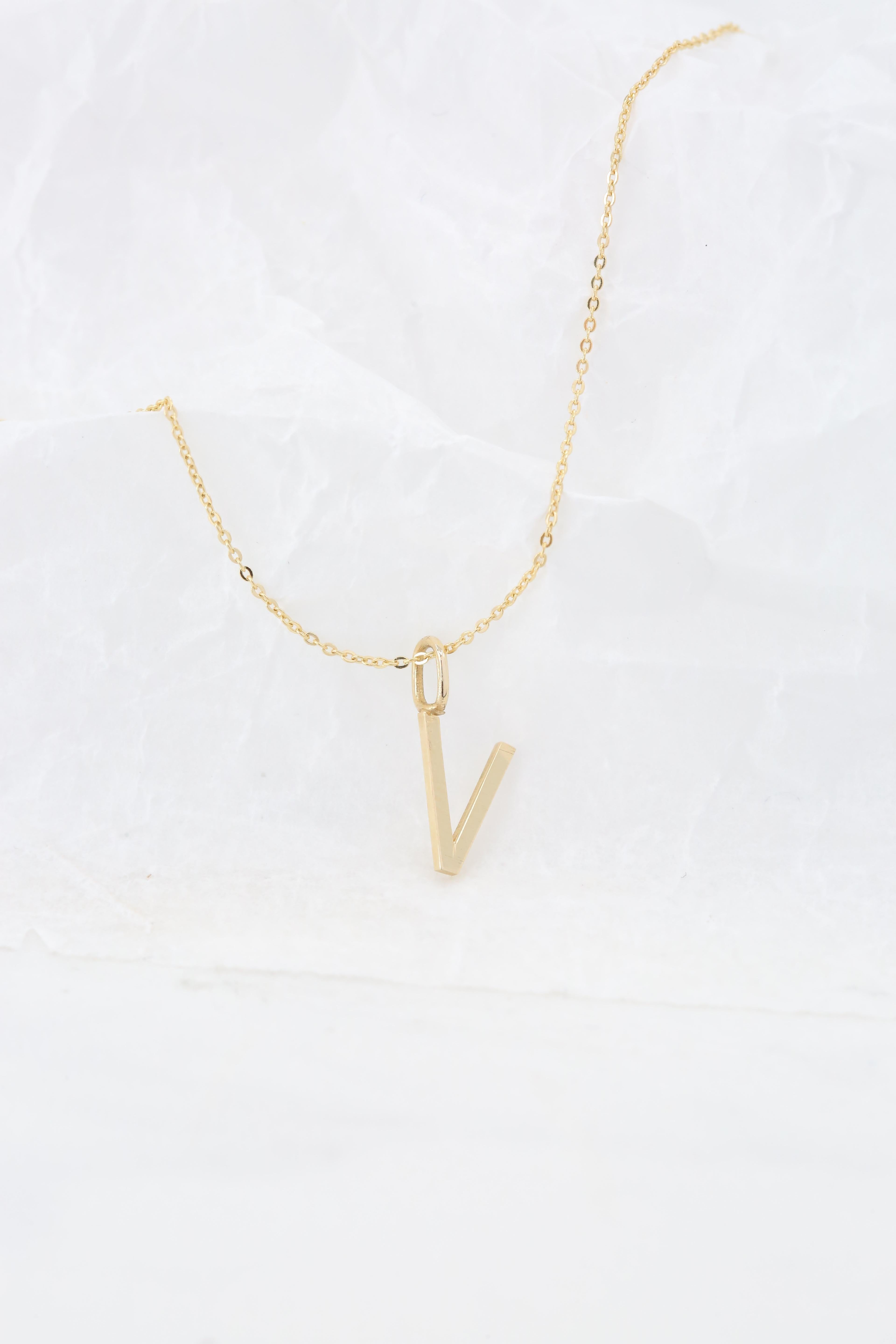 Modern 14k Gold Necklaces, Letter Necklace Models, Letter V Gold Necklace-Gift Necklace For Sale