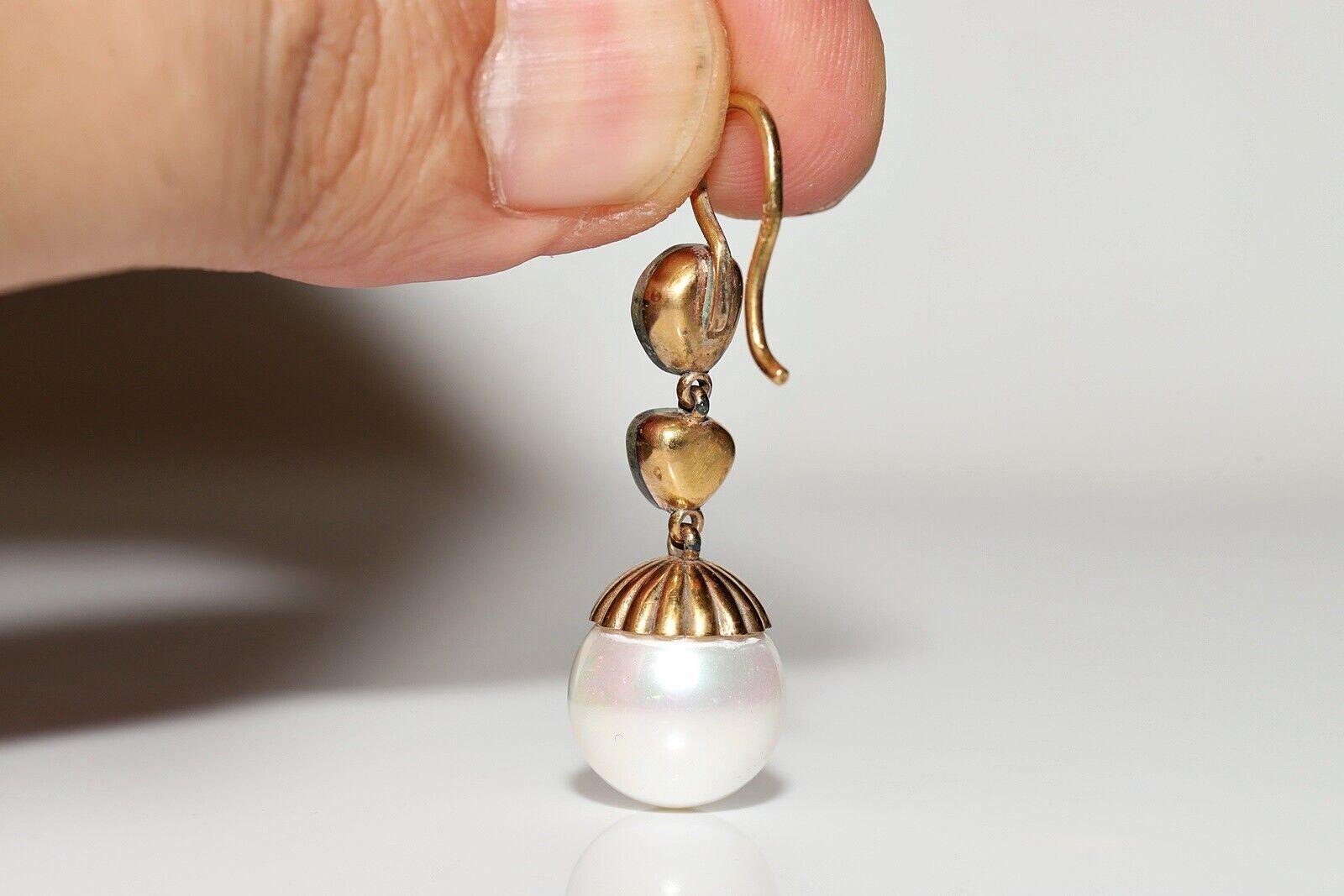 Pendiente de oro de 14 quilates con diamante natural talla rosa y perla decorado, hecho a mano en venta 4