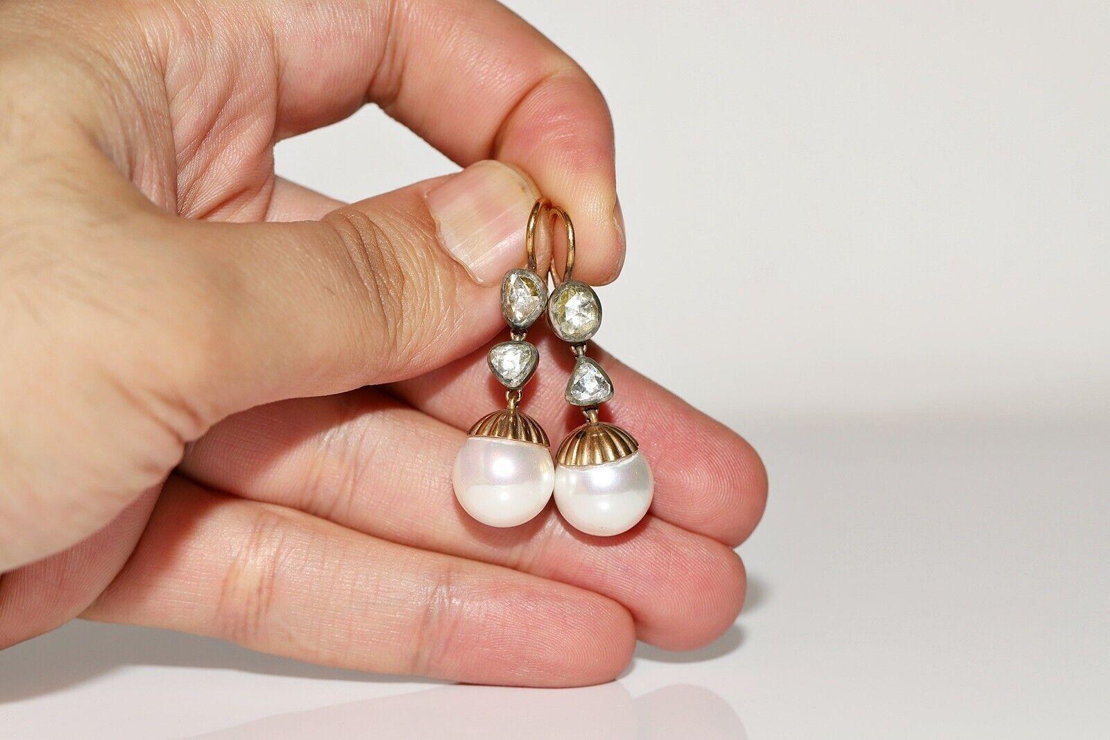 Pendiente de oro de 14 quilates con diamante natural talla rosa y perla decorado, hecho a mano en venta 6