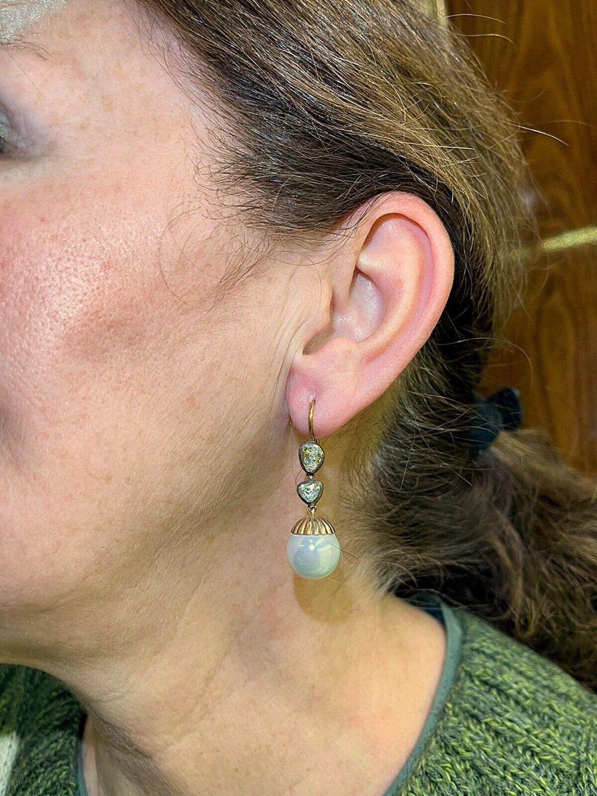 Pendiente de oro de 14 quilates con diamante natural talla rosa y perla decorado, hecho a mano en venta 7