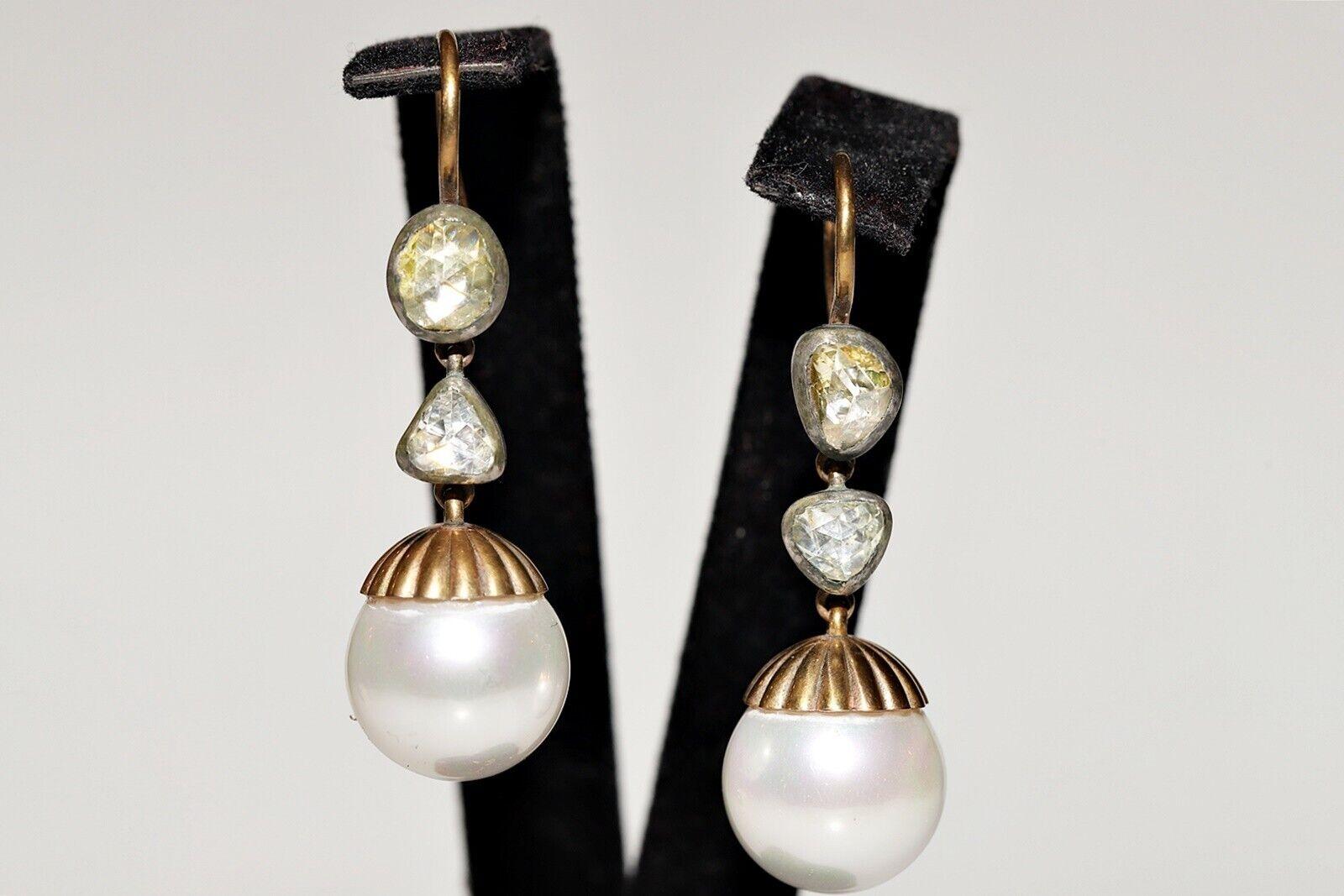 Pendiente de oro de 14 quilates con diamante natural talla rosa y perla decorado, hecho a mano en venta 8