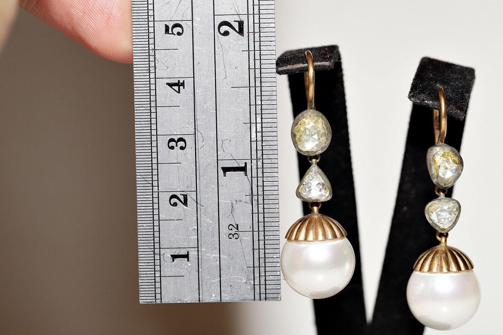 Pendiente de oro de 14 quilates con diamante natural talla rosa y perla decorado, hecho a mano en venta 9