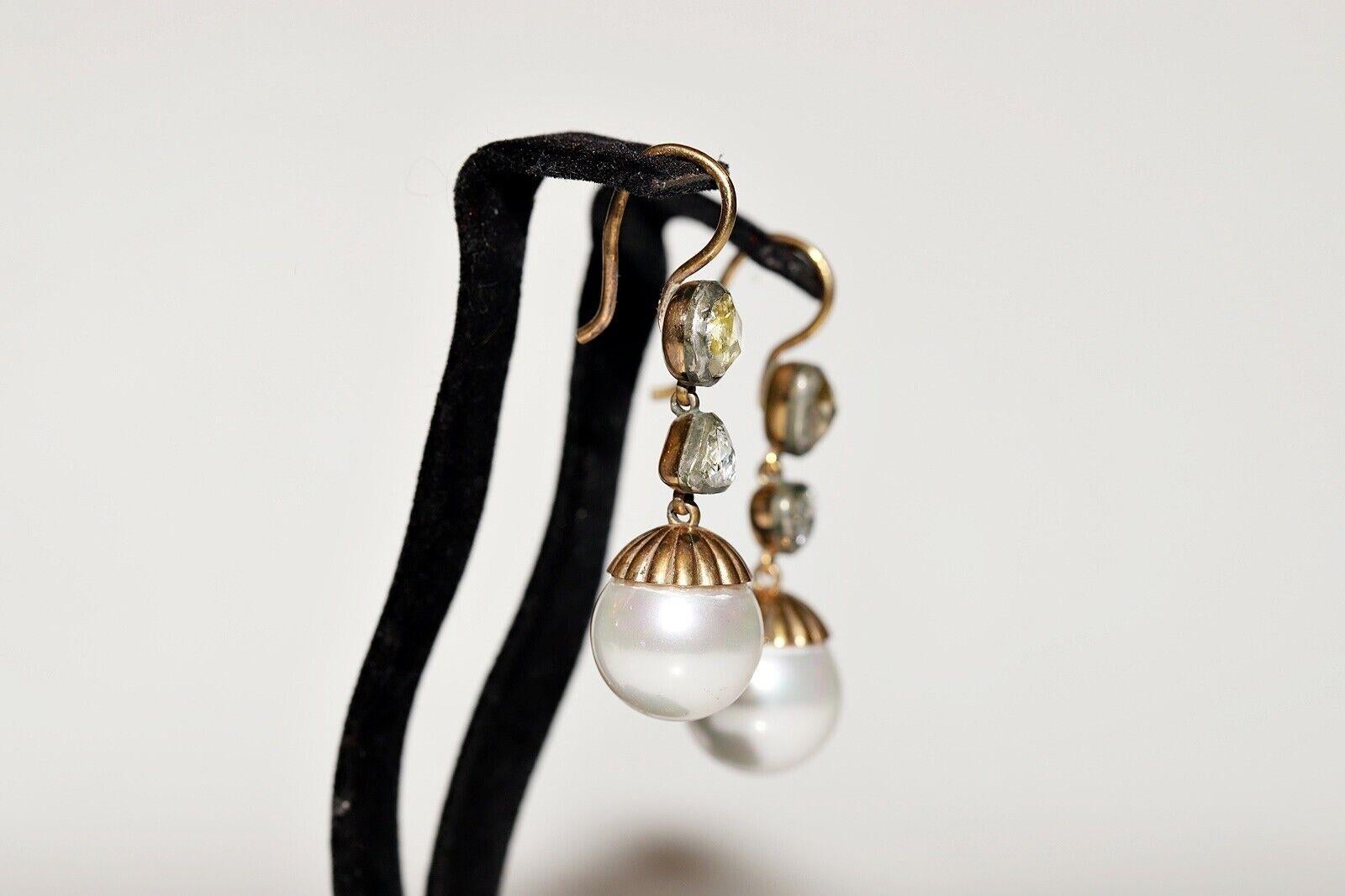 Pendiente de oro de 14 quilates con diamante natural talla rosa y perla decorado, hecho a mano en venta 10