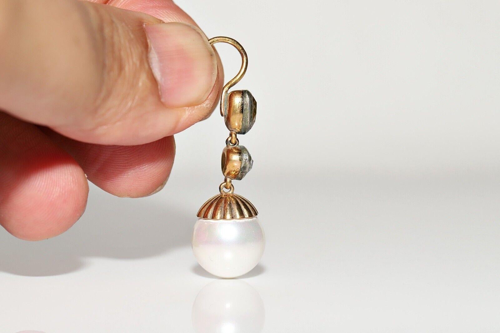 Pendiente de oro de 14 quilates con diamante natural talla rosa y perla decorado, hecho a mano Moderno en venta