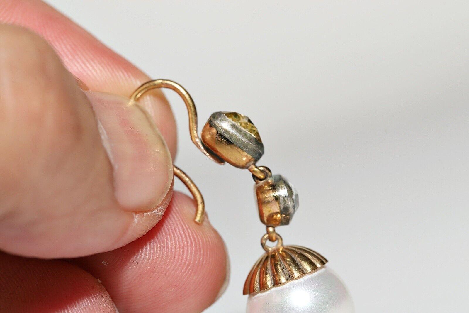 14k Gold New Handmade Natural Rose Cut Diamond And Pearl Decorated Drop Earring In New Condition For Sale In Fatih/İstanbul, 34