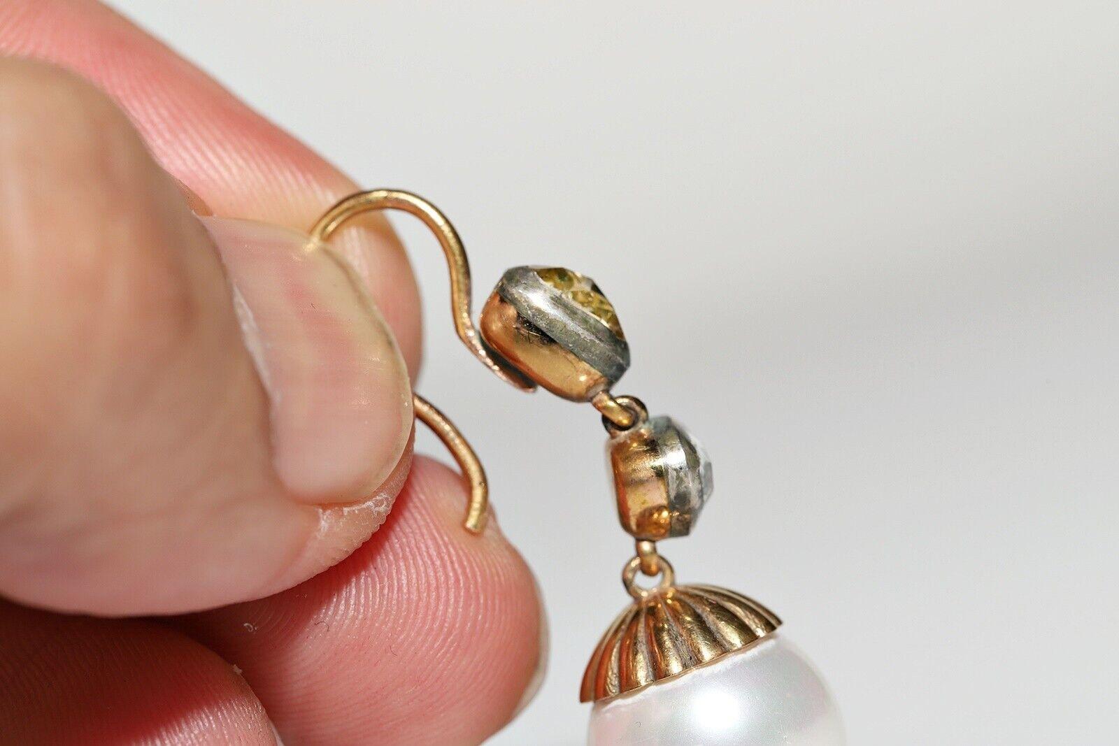 14k Gold Neuer handgefertigter natürlicher Tropfenohrring mit Diamanten im Rosenschliff und Perlenverzierung im Zustand „Neu“ im Angebot in Fatih/İstanbul, 34