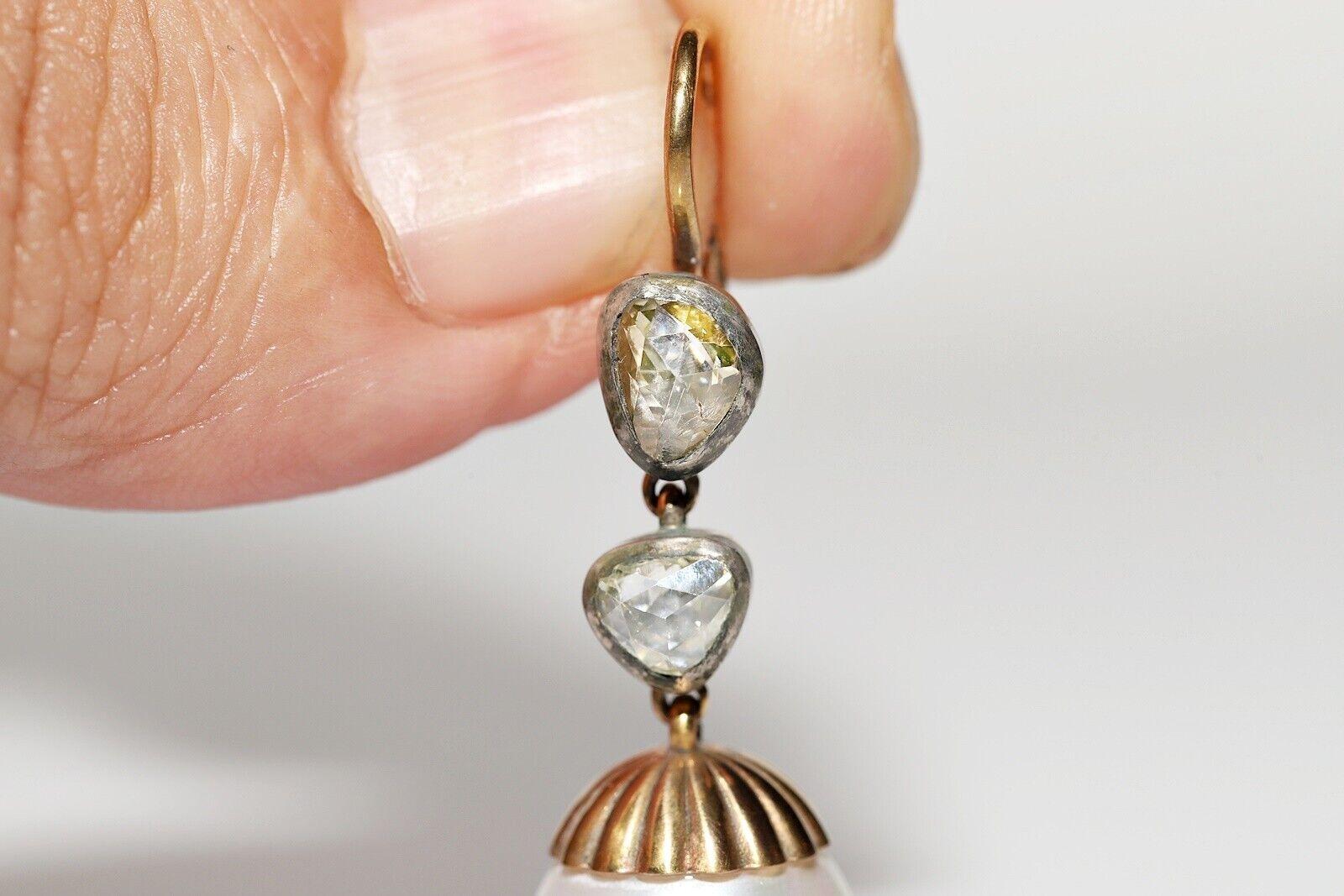 14k Gold Neuer handgefertigter natürlicher Tropfenohrring mit Diamanten im Rosenschliff und Perlenverzierung Damen im Angebot