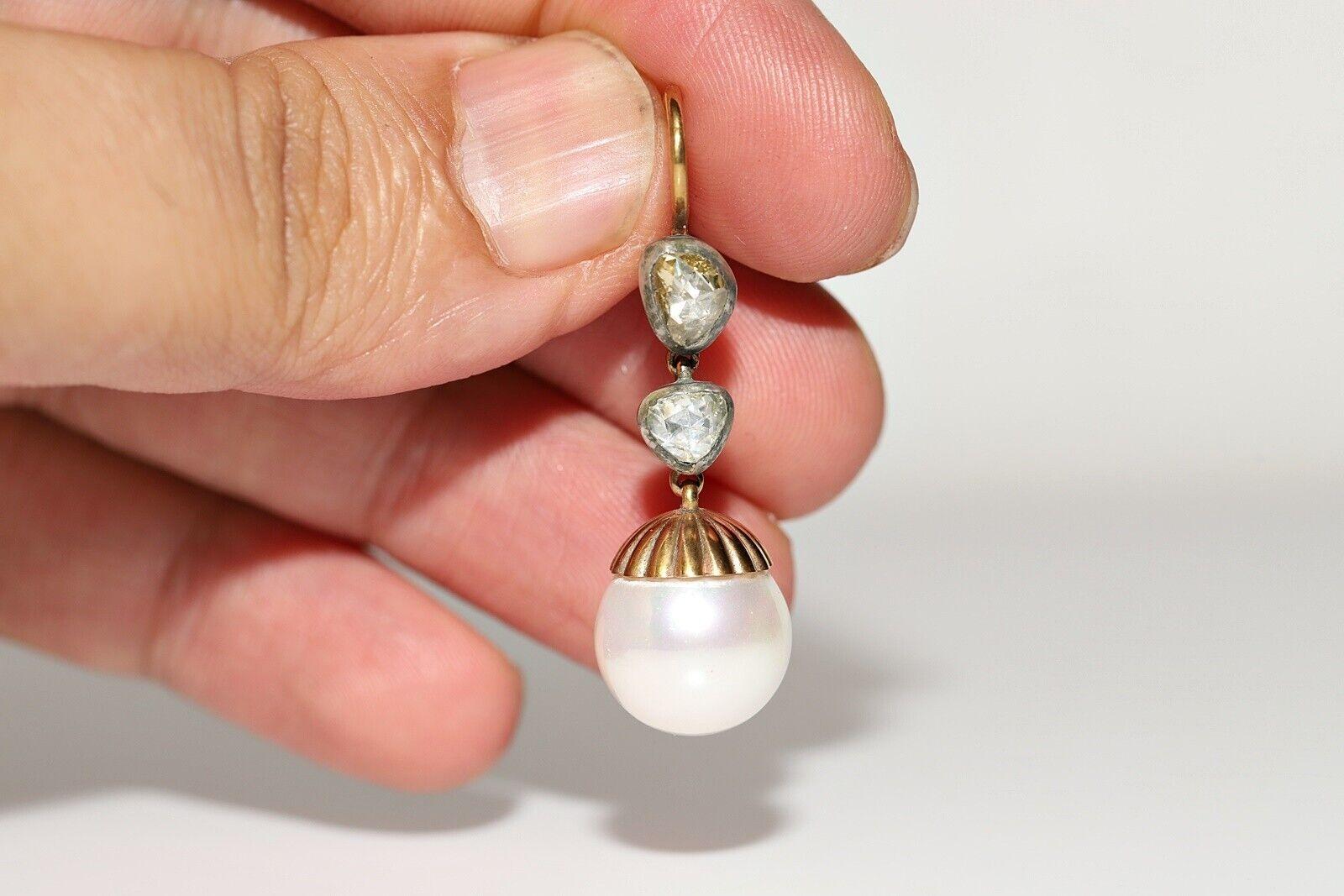 De las mujeres Pendiente de oro de 14 quilates con diamante natural talla rosa y perla decorado, hecho a mano en venta