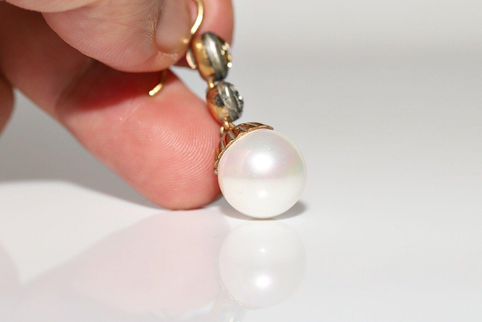 Pendiente de oro de 14 quilates con diamante natural talla rosa y perla decorado, hecho a mano en venta 1