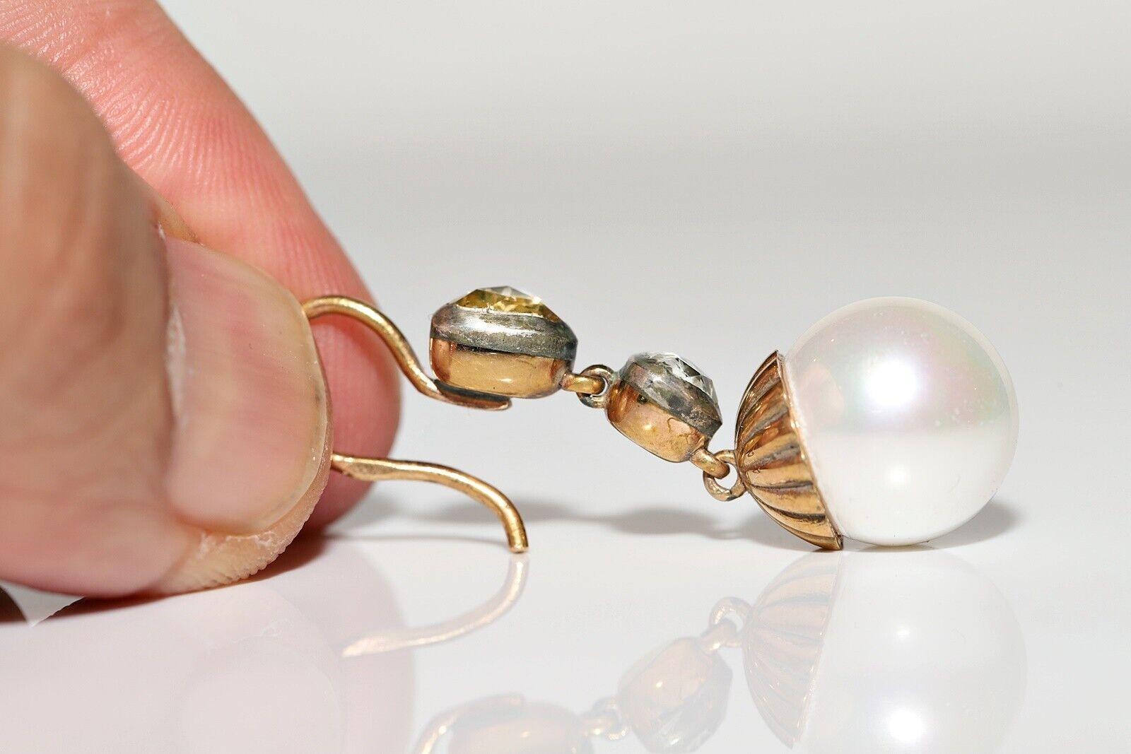 Pendiente de oro de 14 quilates con diamante natural talla rosa y perla decorado, hecho a mano en venta 2