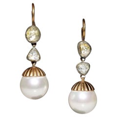 14k Gold New Handmade Natural Rose Cut Diamond And Pearl Decorated Drop Earring