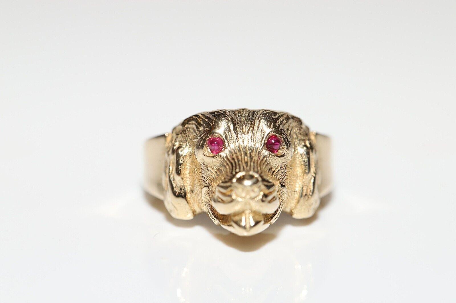 Modernist 14k Gold New Made Natural Cabochon Cut Ruby Decorated Dog Style Ring For Sale