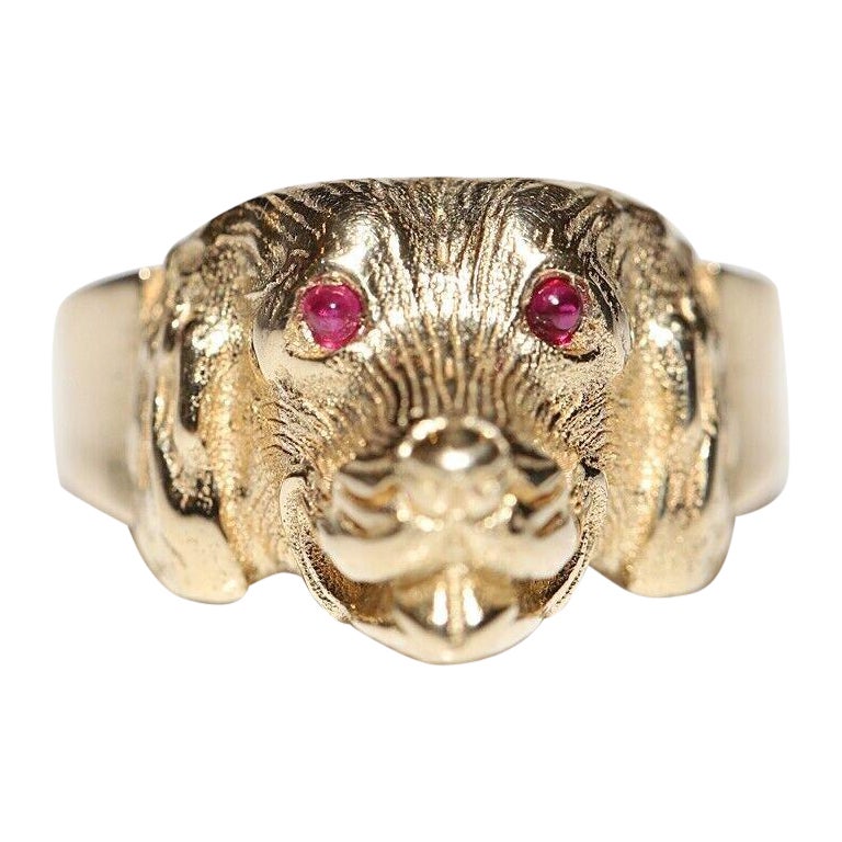 14k Gold New Made Natural Cabochon Cut Ruby Decorated Dog Style Ring For Sale