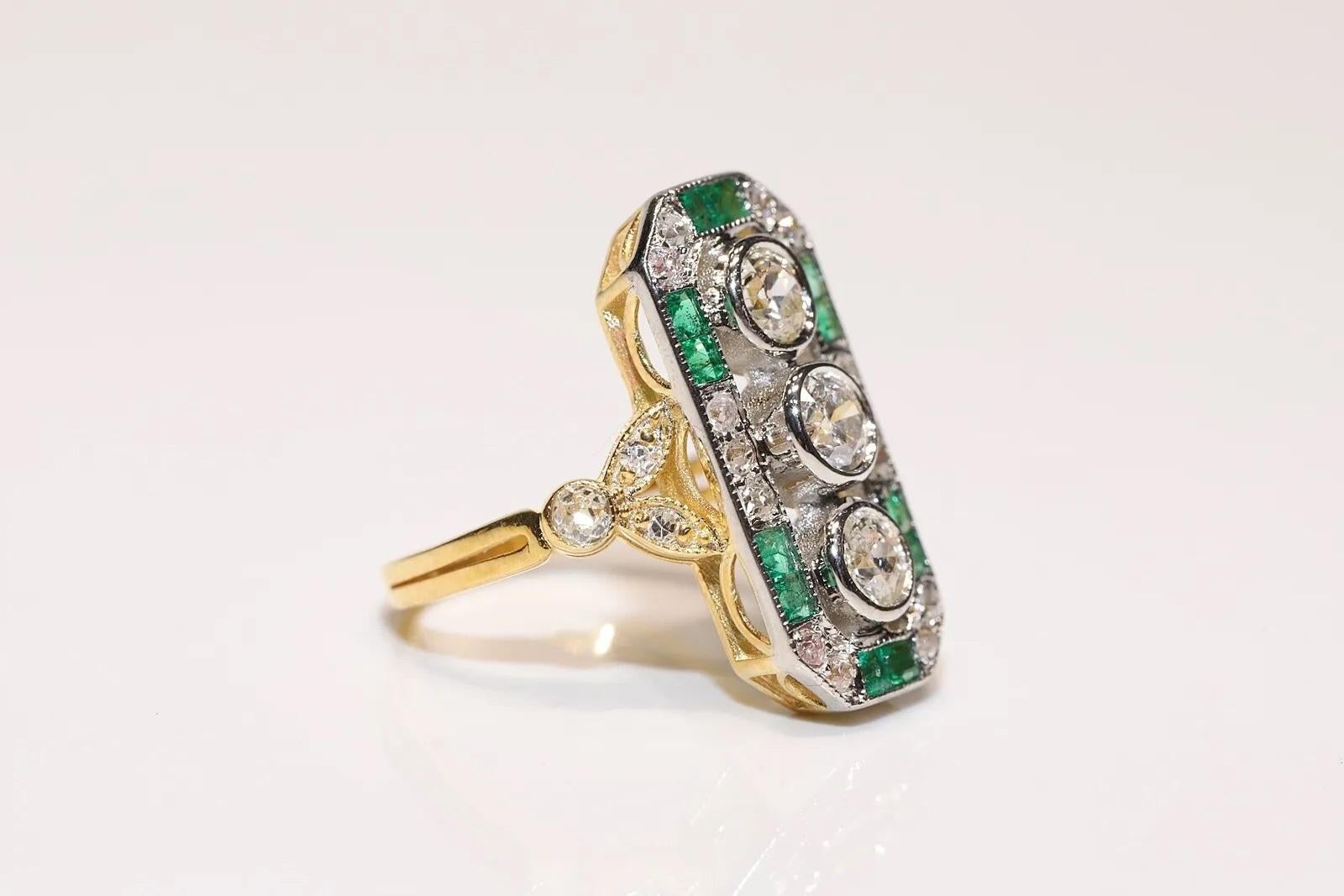 Brilliant Cut 14k Gold New Made Natural Diamond And Caliber  Emerald Decorated Navette Ring  For Sale