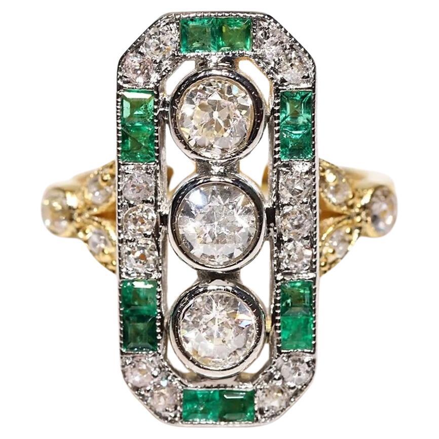 14k Gold New Made Natural Diamond And Caliber  Emerald Decorated Navette Ring  For Sale