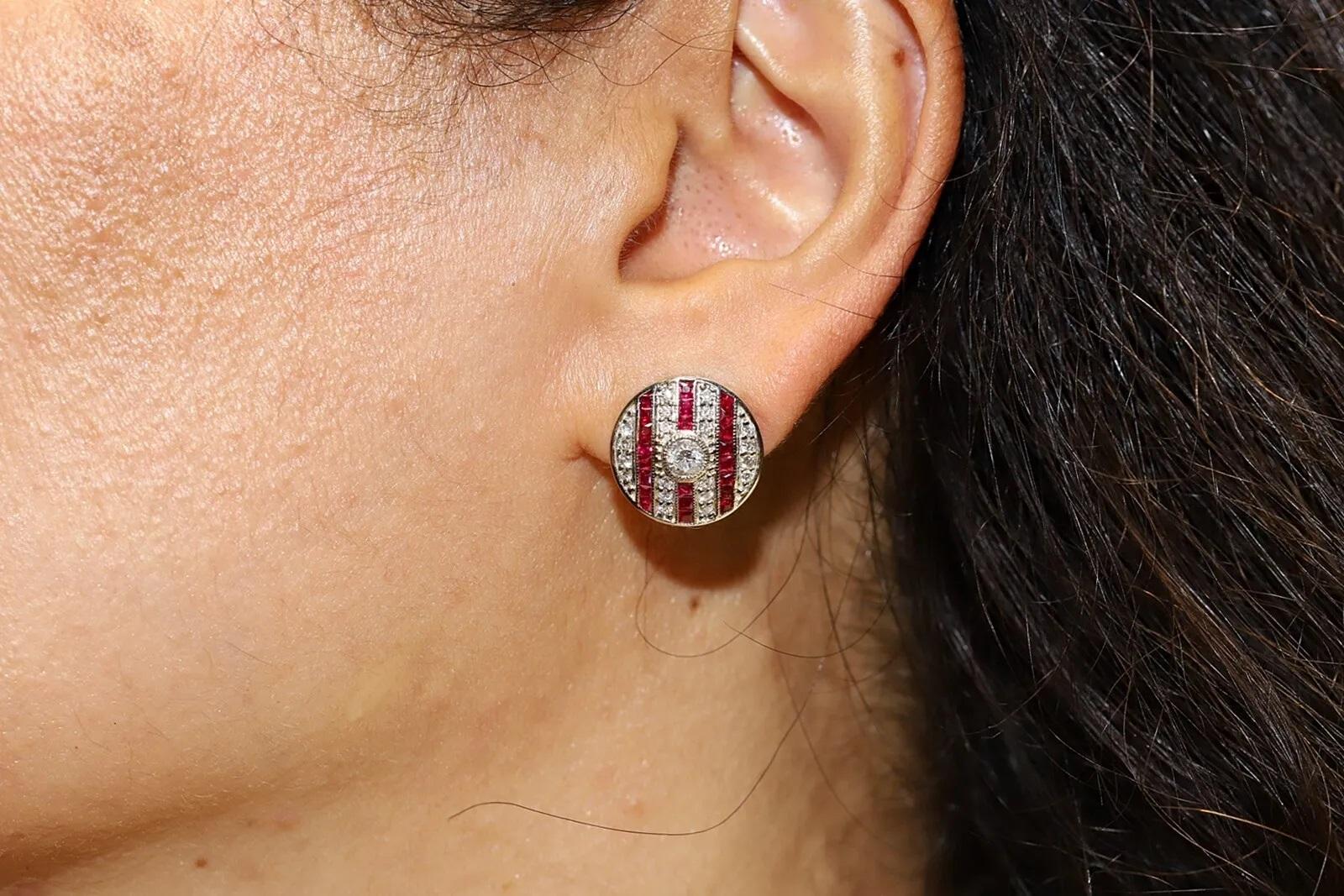 14k Gold New Made Natural Diamond And Caliber Ruby Decorated Earring For Sale 4