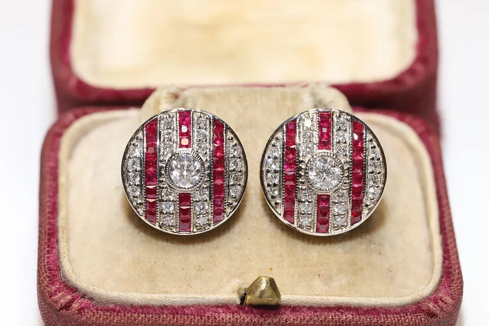 14k Gold New Made Natural Diamond And Caliber Ruby Decorated Earring For Sale 5