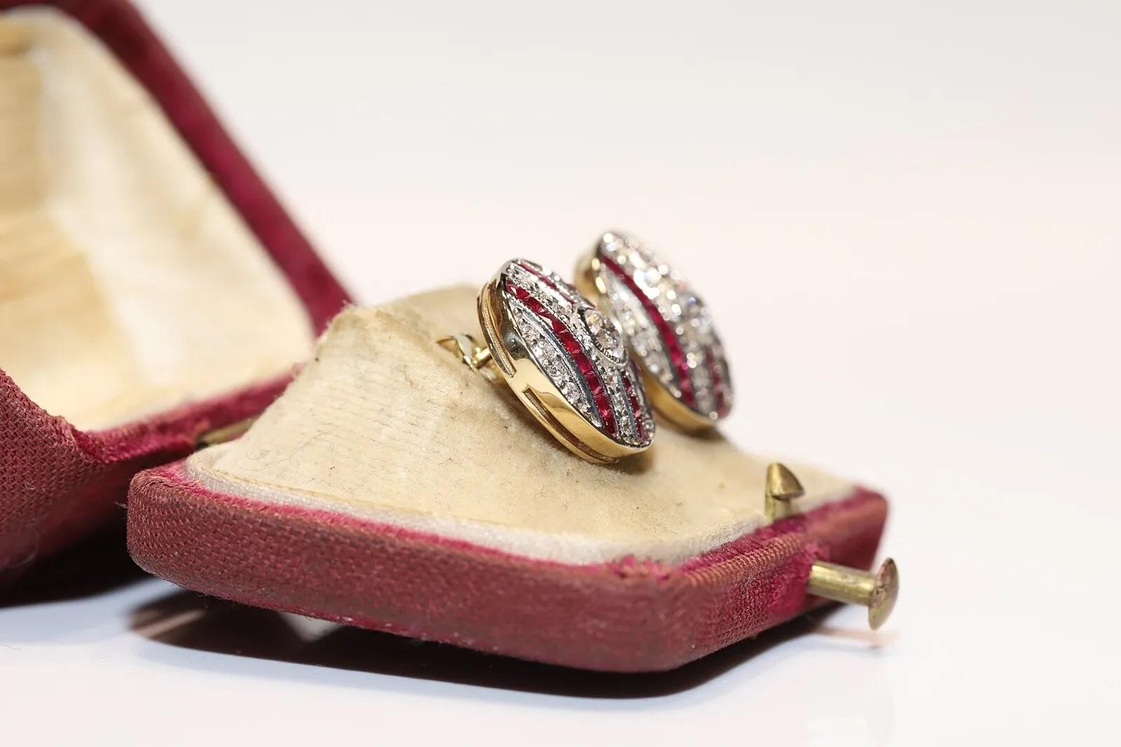 14k Gold New Made Natural Diamond And Caliber Ruby Decorated Earring For Sale 6