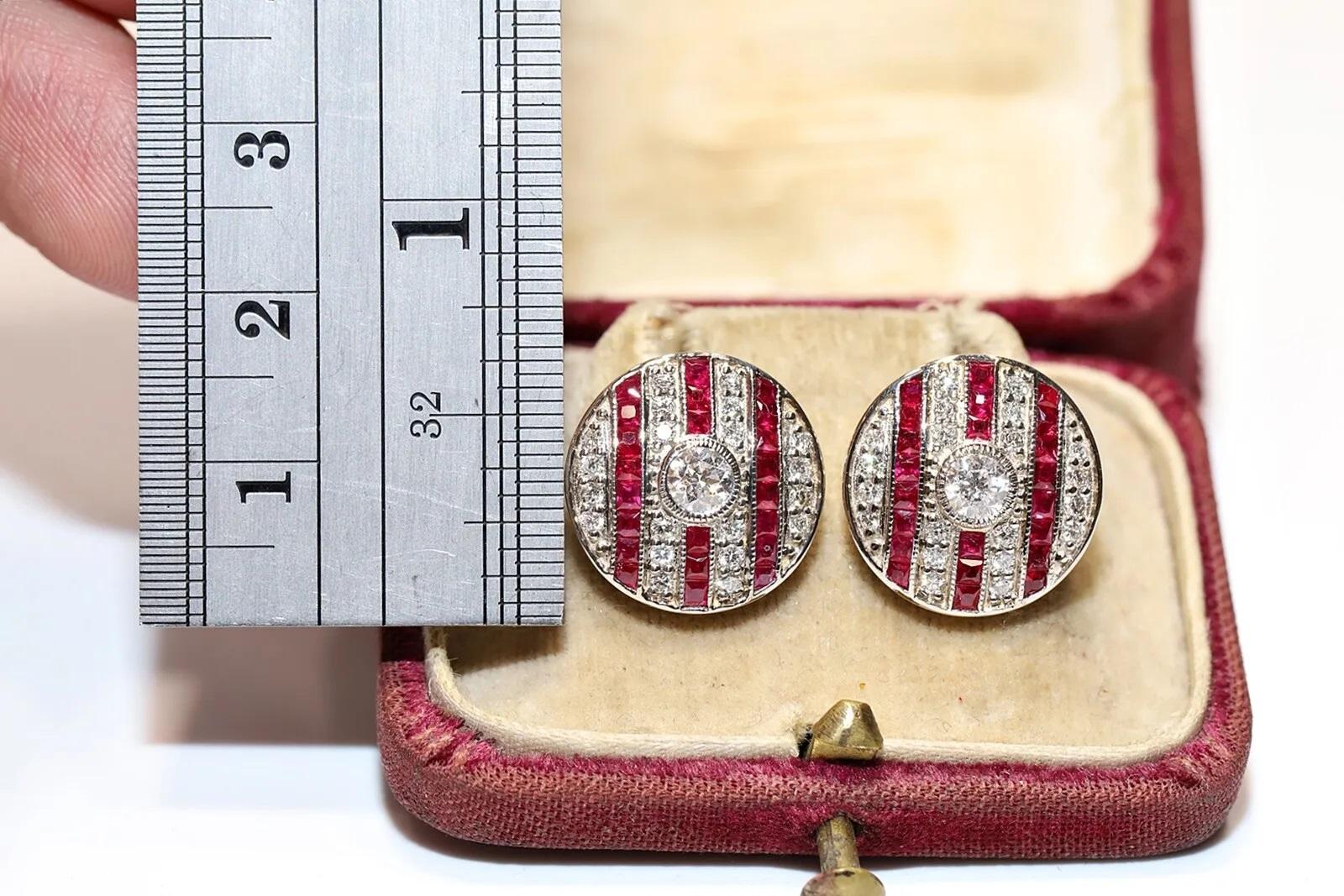 14k Gold New Made Natural Diamond And Caliber Ruby Decorated Earring For Sale 7