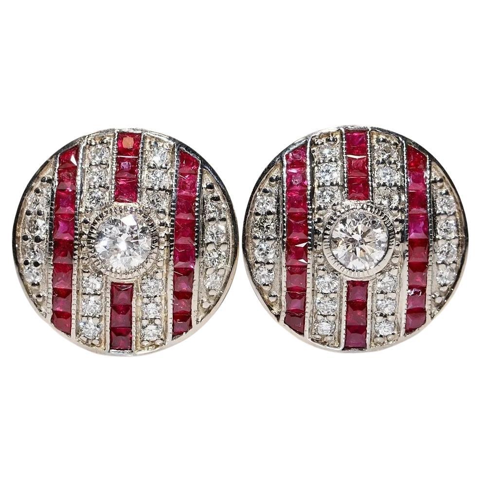 14k Gold New Made Natural Diamond And Caliber Ruby Decorated Earring For Sale