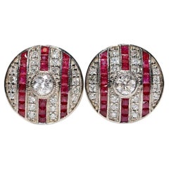 14k Gold New Made Natural Diamond And Caliber Ruby Decorated Earring