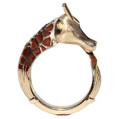 Anillo Jirafa Decorado Con Diamantes Naturales Y Esmalte De Oro 14k De Nueva Fabricación