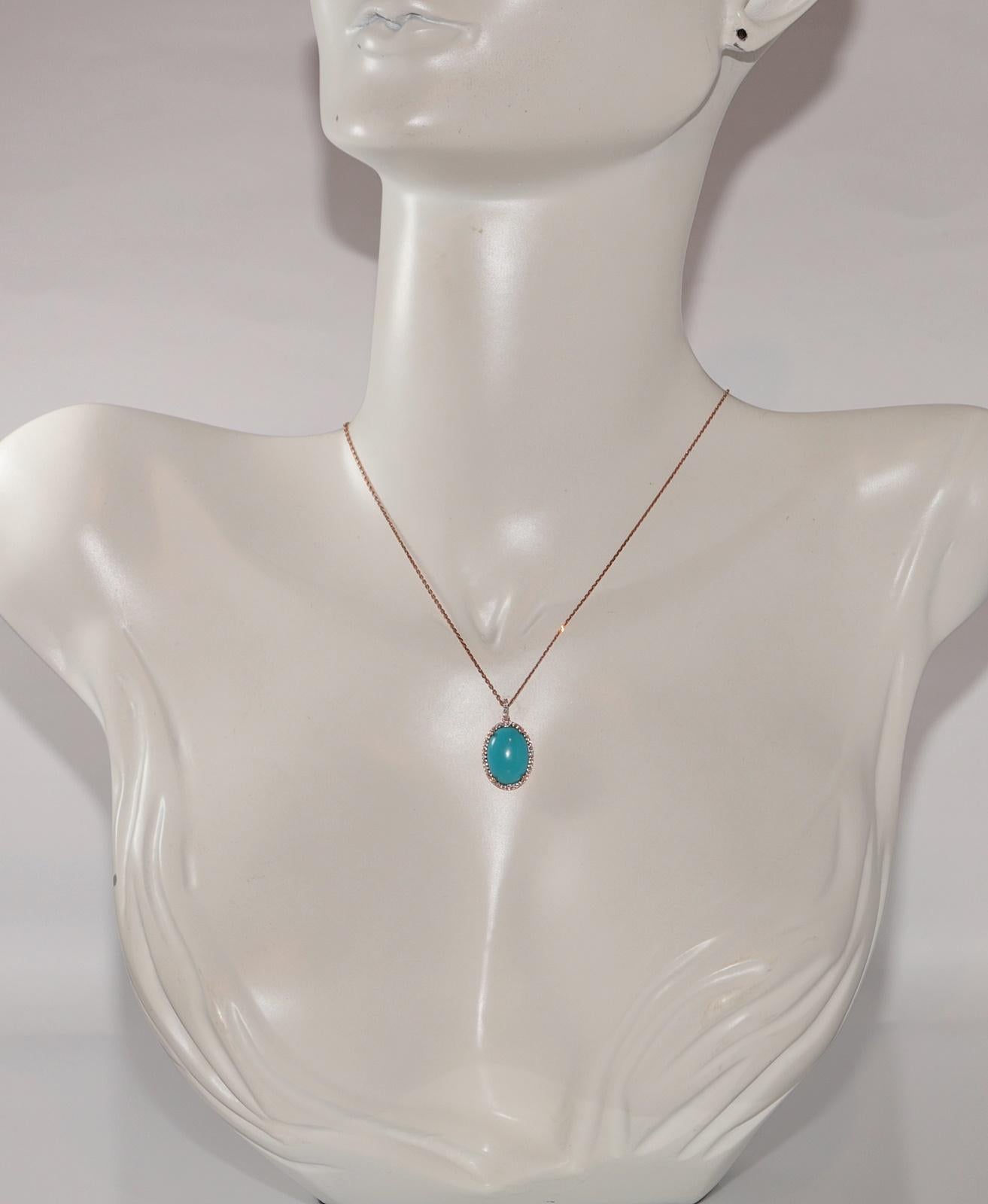 Collier en or 14k New Made avec pendentif en diamant naturel et turquoise de taille ovale en vente 4