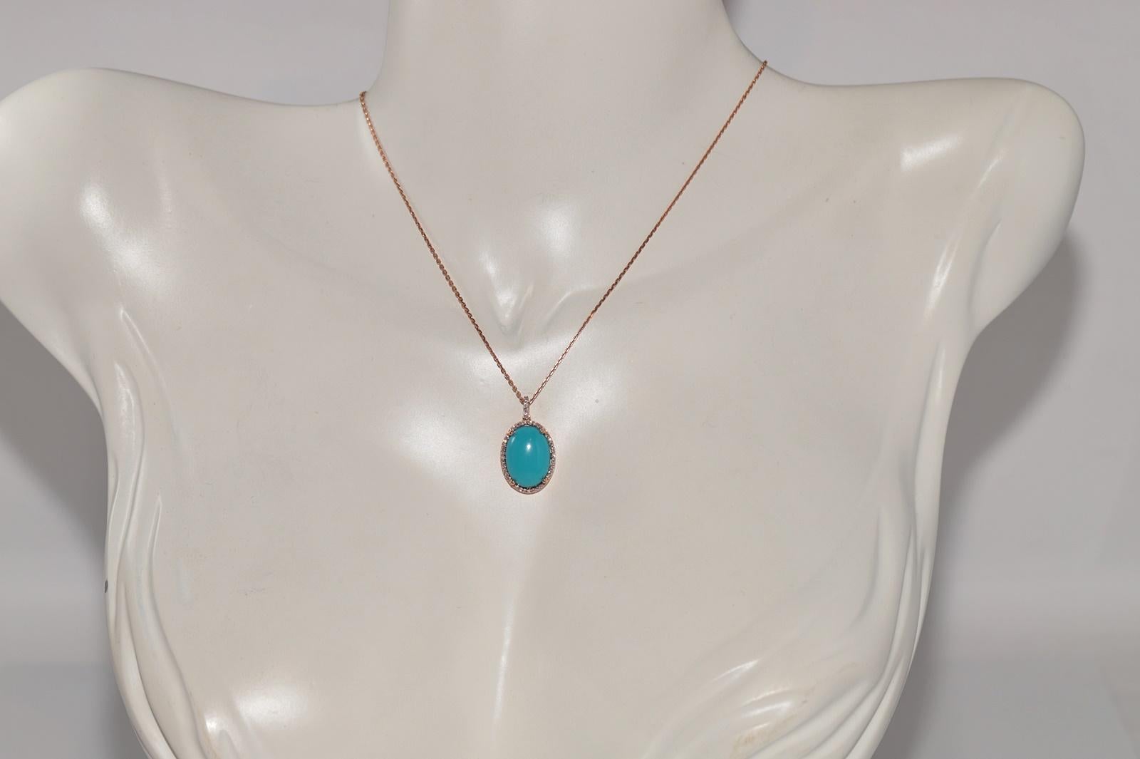 Collier en or 14k New Made avec pendentif en diamant naturel et turquoise de taille ovale en vente 5