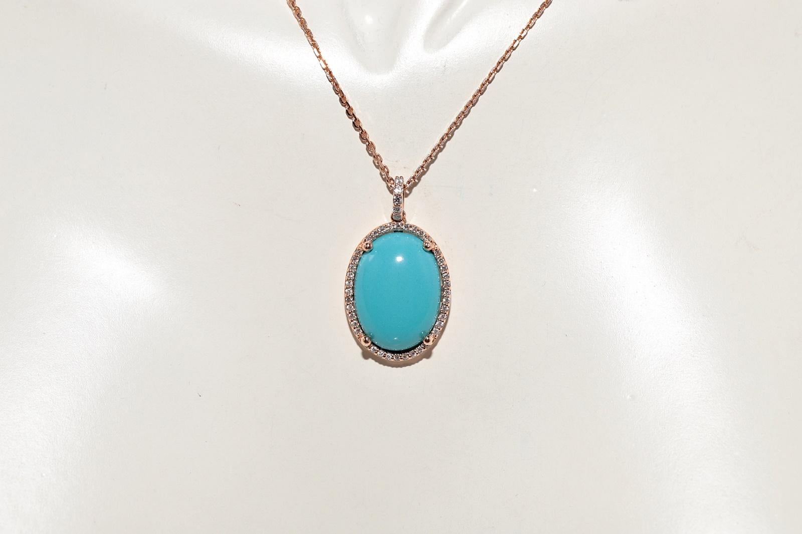 Collier en or 14k New Made avec pendentif en diamant naturel et turquoise de taille ovale en vente 6