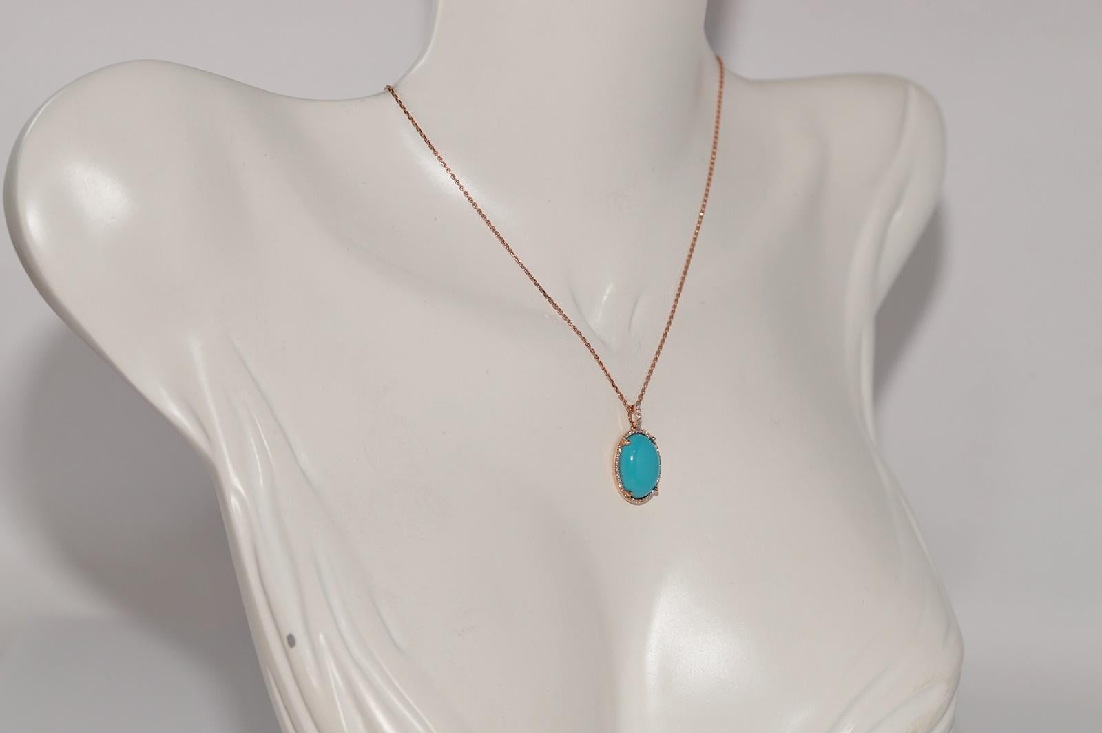Collier en or 14k New Made avec pendentif en diamant naturel et turquoise de taille ovale en vente 7