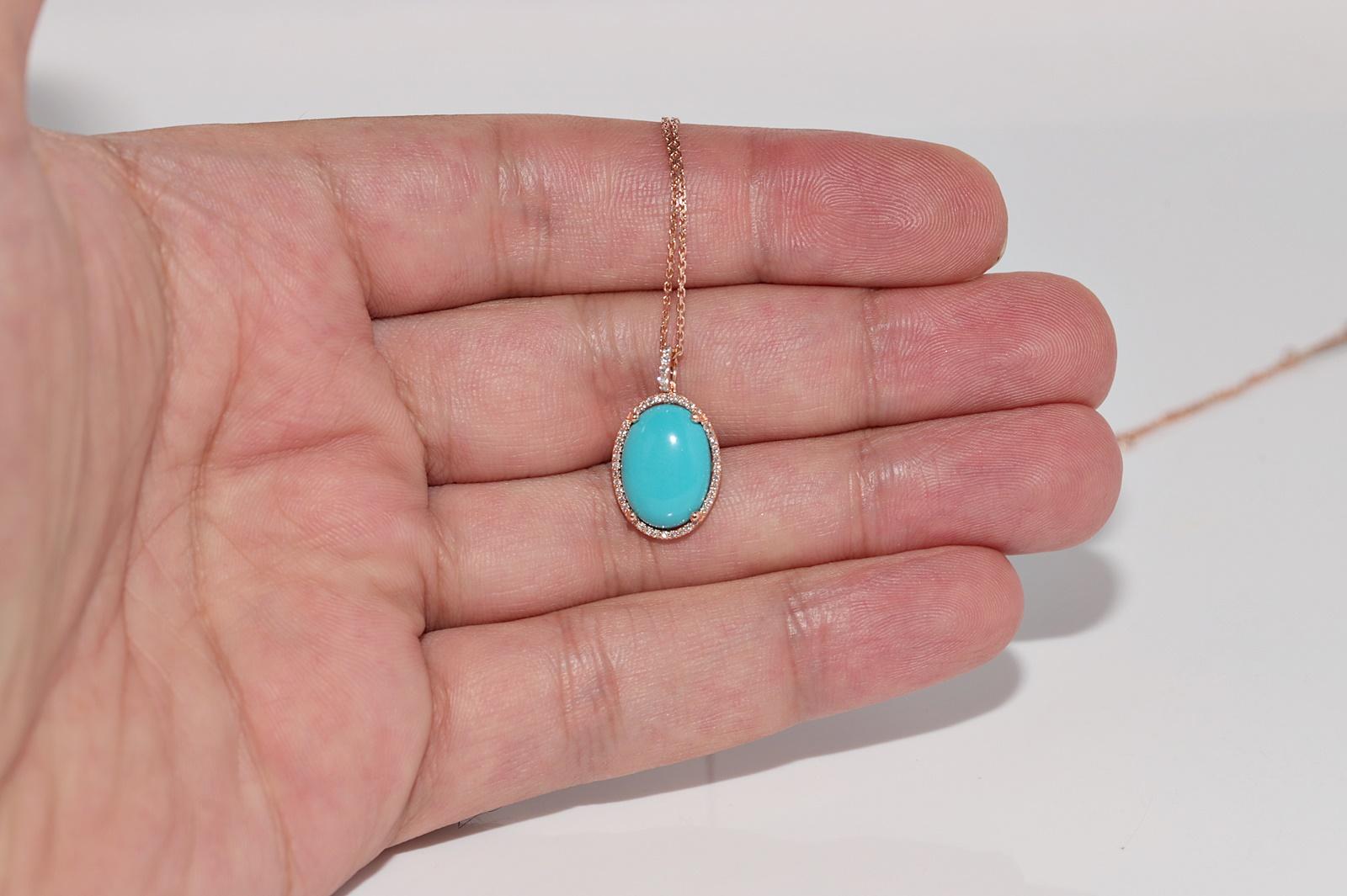 Collier en or 14k New Made avec pendentif en diamant naturel et turquoise de taille ovale en vente 11