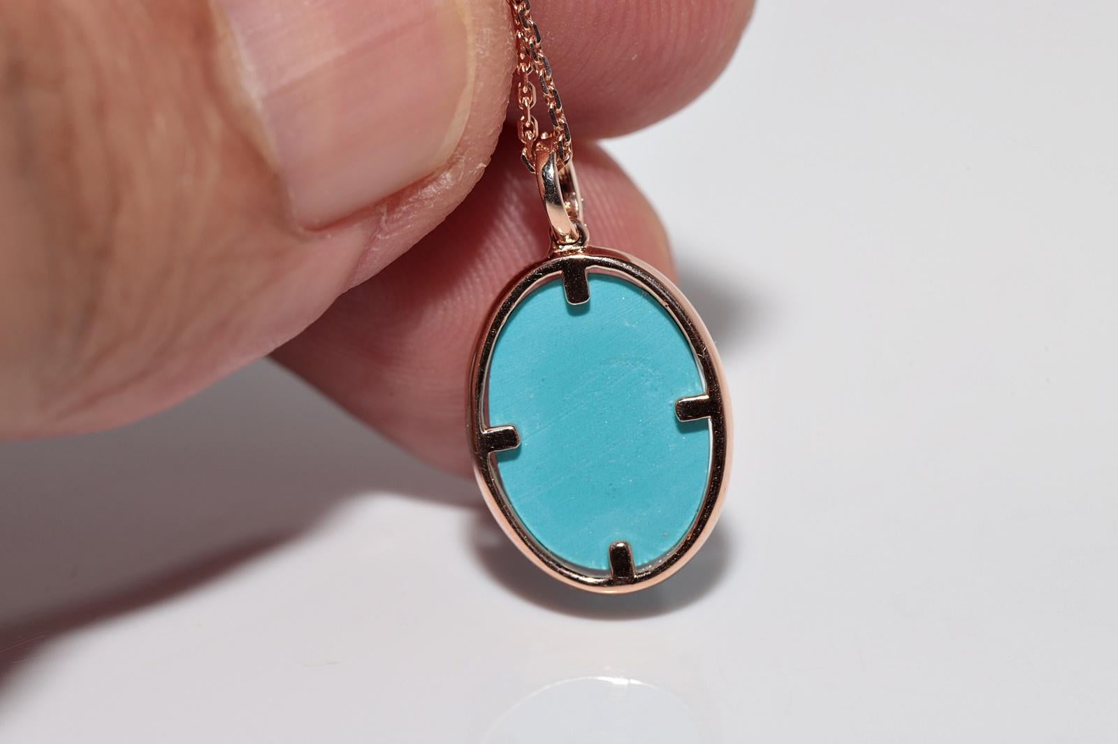Collier en or 14k New Made avec pendentif en diamant naturel et turquoise de taille ovale Neuf - En vente à Fatih/İstanbul, 34