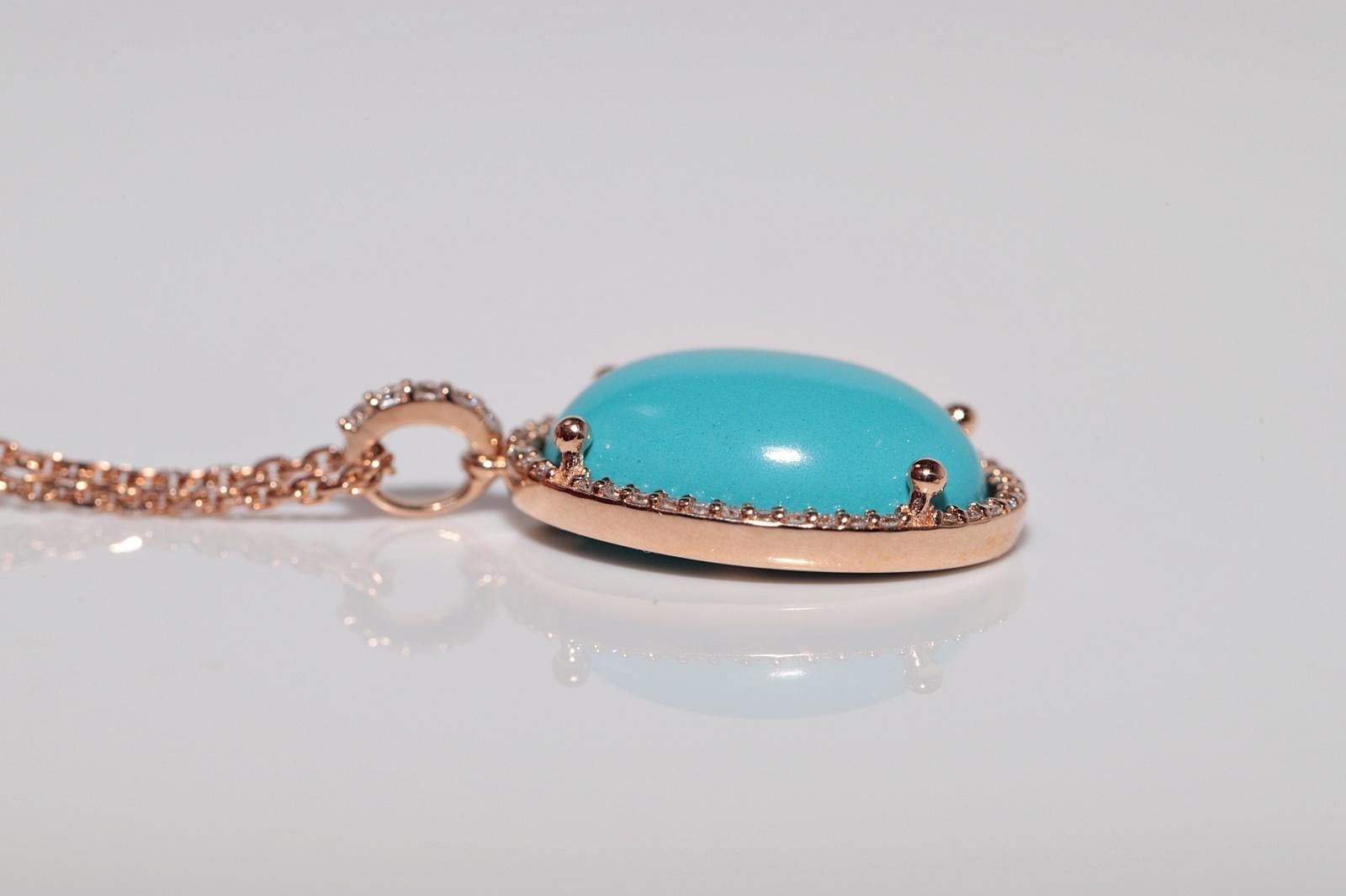 Collier en or 14k New Made avec pendentif en diamant naturel et turquoise de taille ovale Pour femmes en vente
