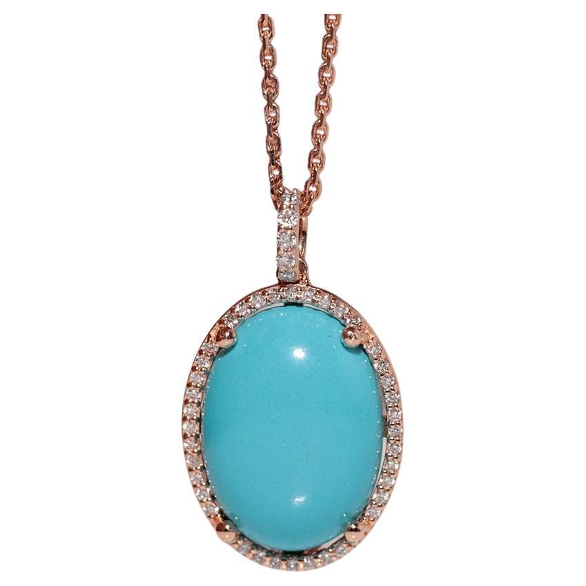 Collier en or 14k New Made avec pendentif en diamant naturel et turquoise de taille ovale