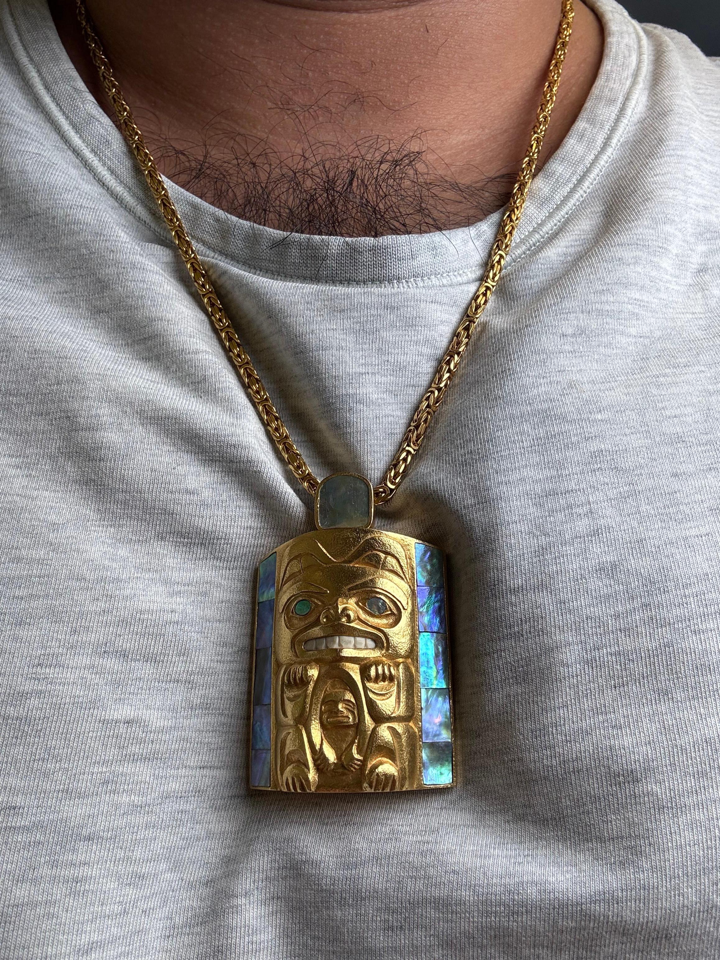 14K Gold Northwest Coast Totem Pendant with Opal and Abalone Inlay In Excellent Condition For Sale In Great Neck Plaza, NY