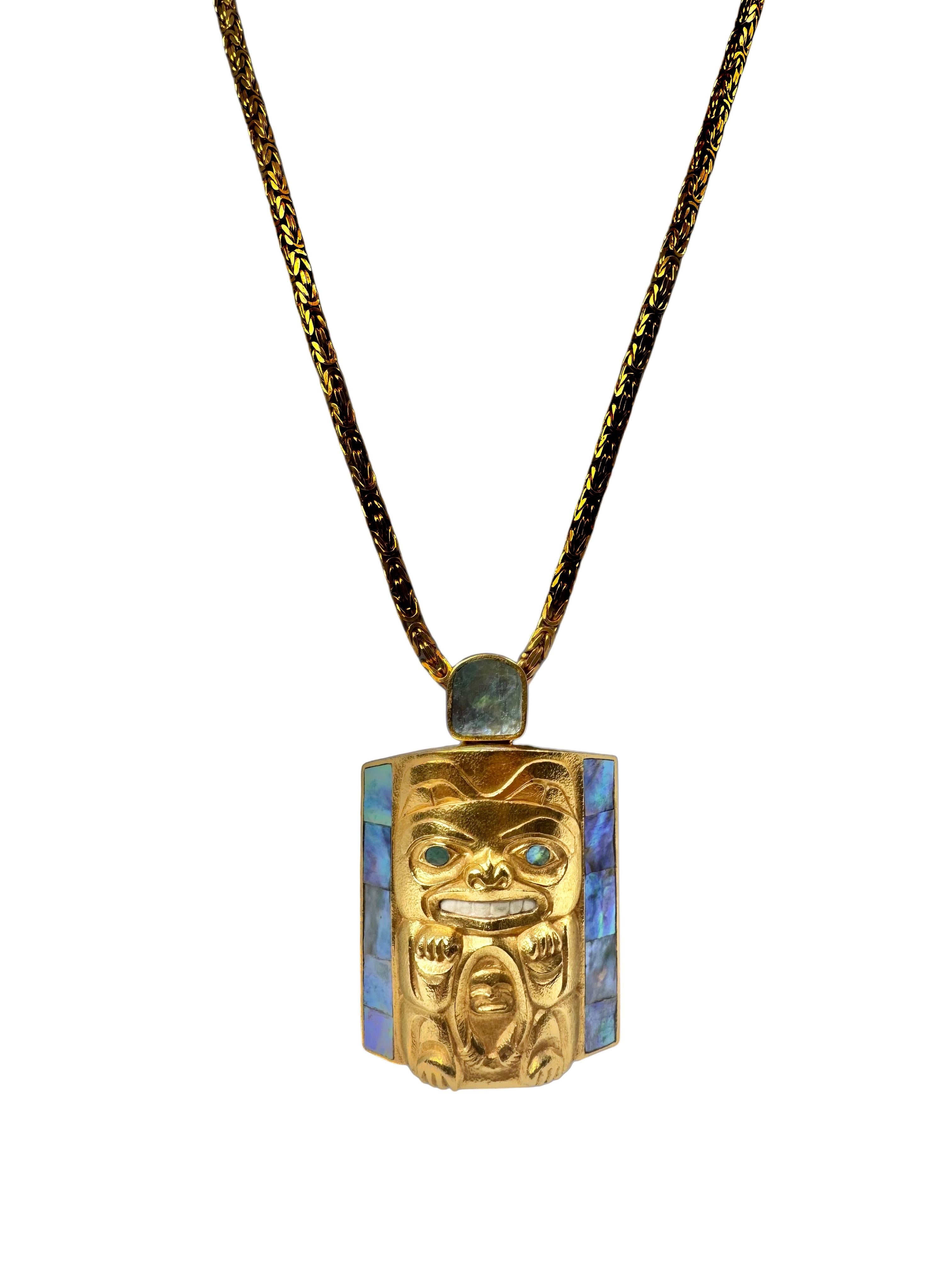 Women's or Men's 14K Gold Northwest Coast Totem Pendant with Opal and Abalone Inlay For Sale