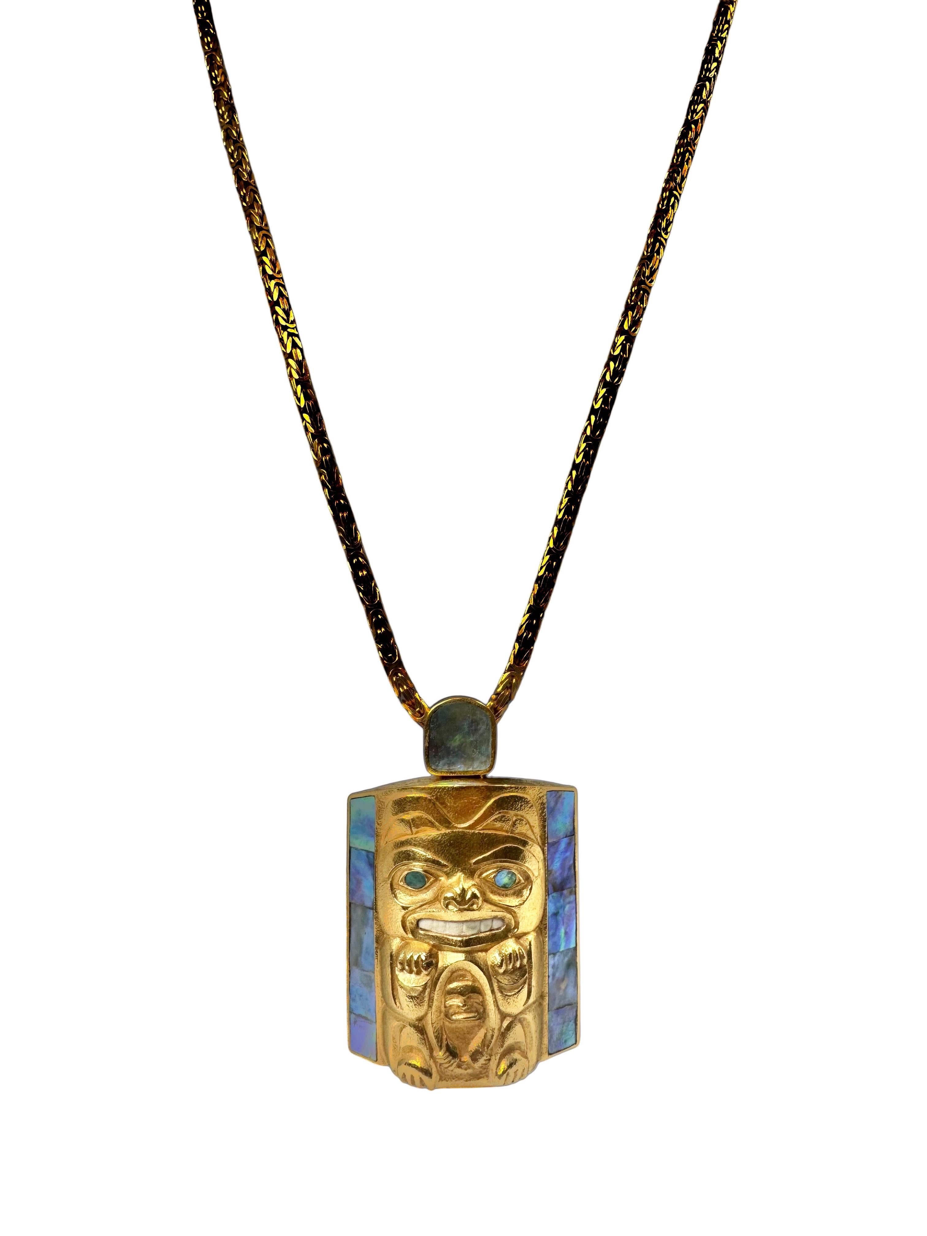 14K Gold Northwest Coast Totem Pendant with Opal and Abalone Inlay For Sale 1