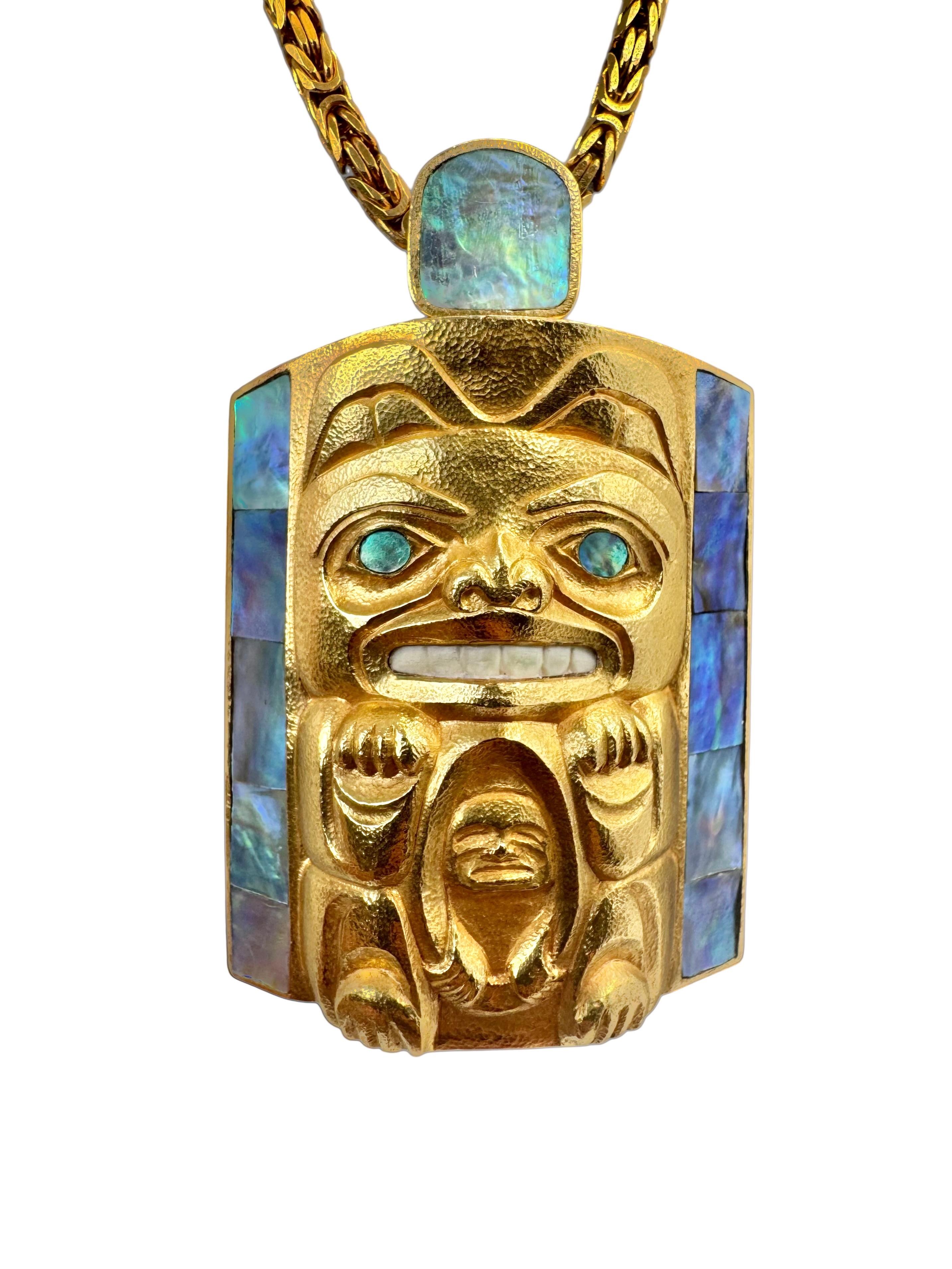 14K Gold Northwest Coast Totem Pendant with Opal and Abalone Inlay For Sale 2
