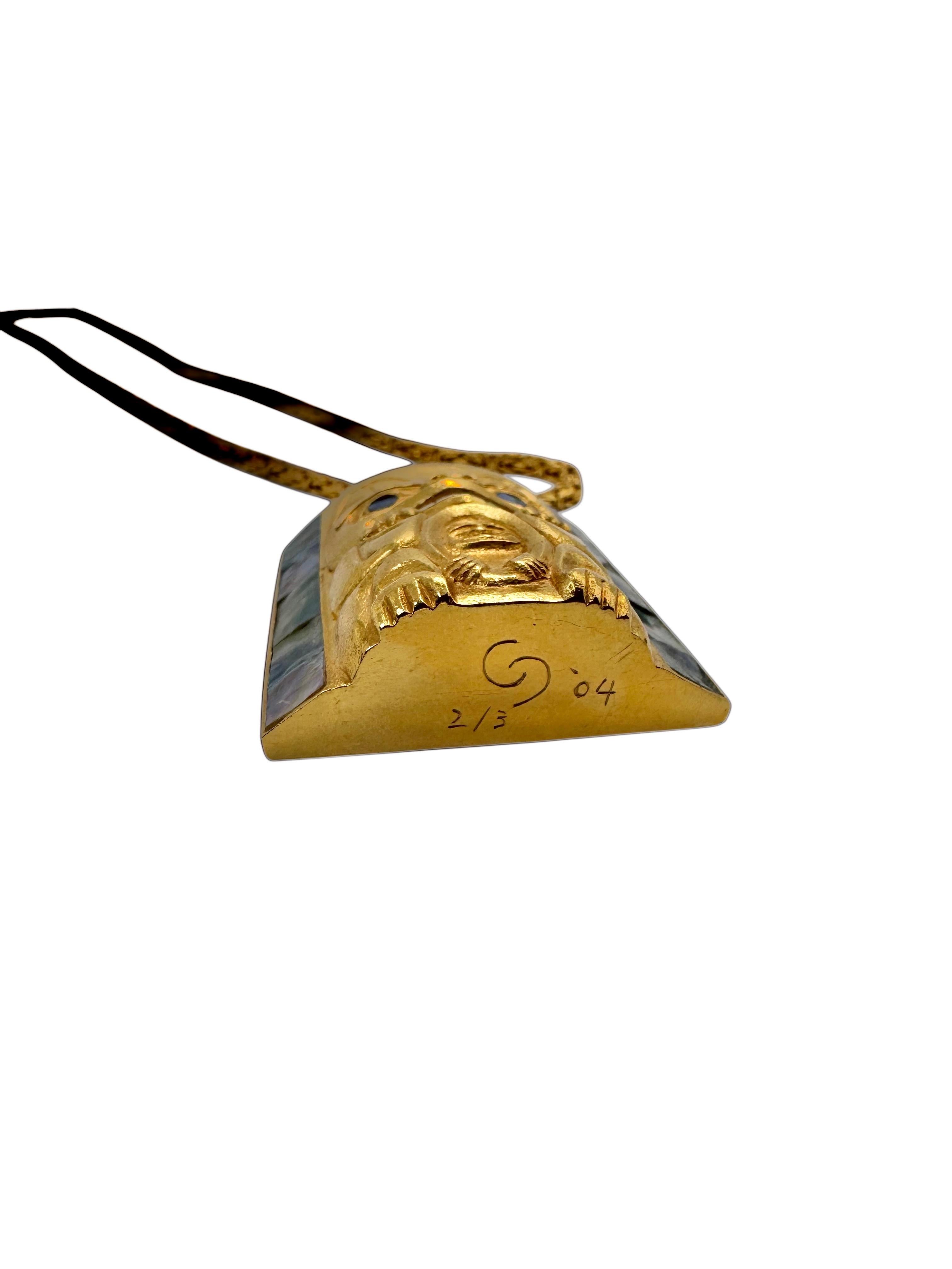 14K Gold Northwest Coast Totem Pendant with Opal and Abalone Inlay For Sale 4