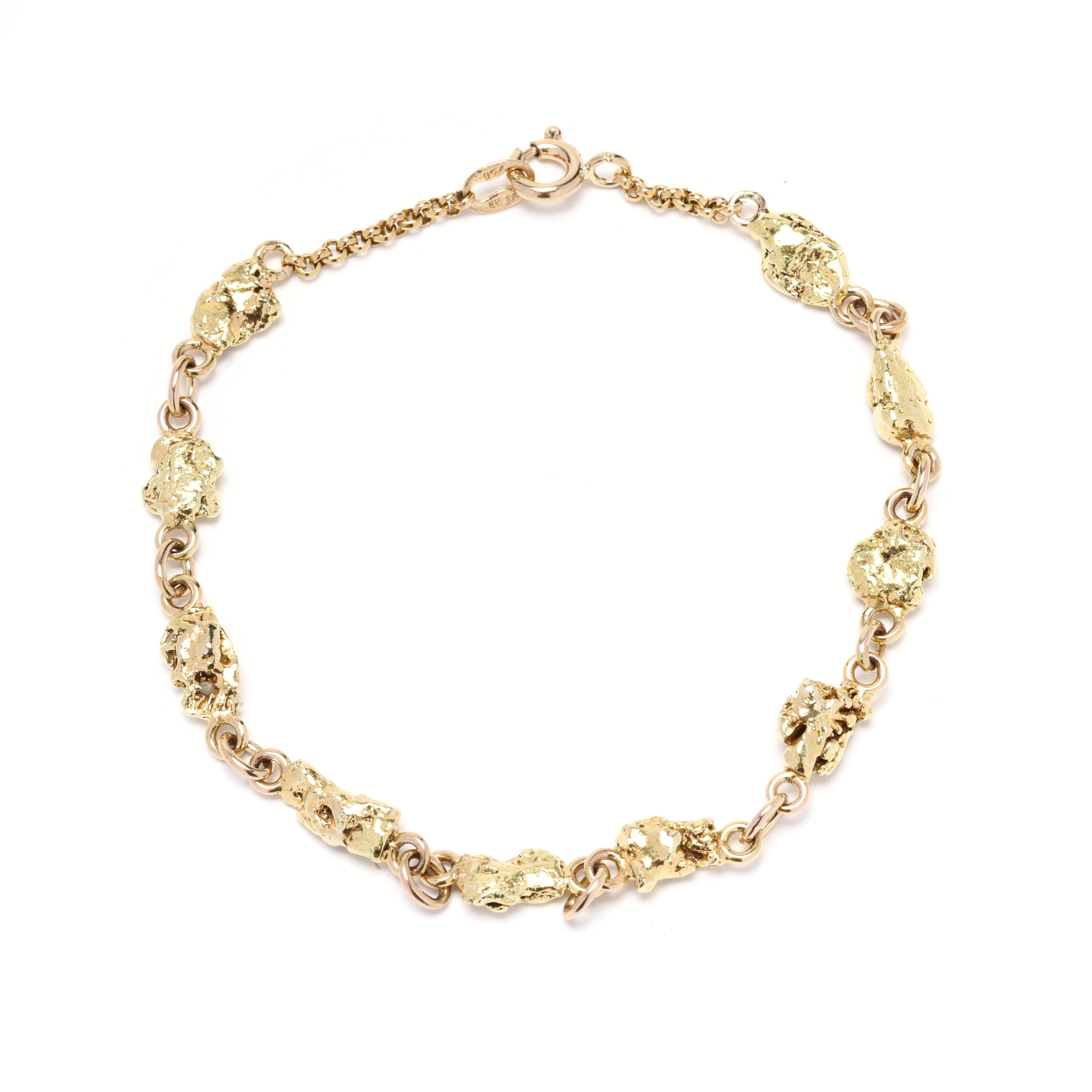14k Gold Nugget Bracelet, 18k Yellow Gold Chain, Length 7.13 Inches, Stackable For Sale