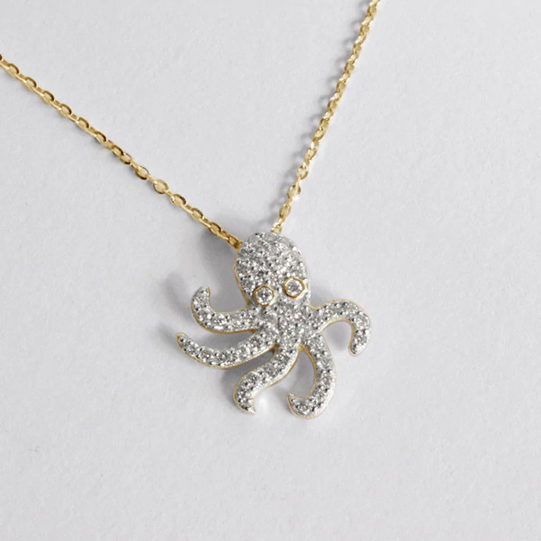 Modern 14k Gold Octopus Diamond Necklace Ocean Marine Life Jewelry For Sale