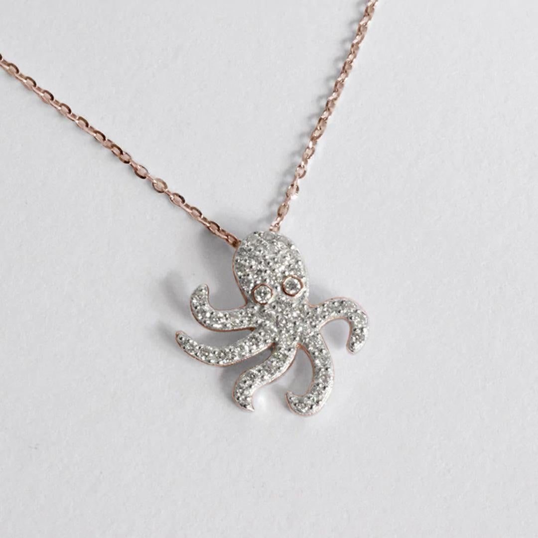 Round Cut 14k Gold Octopus Diamond Necklace Ocean Marine Life Jewelry For Sale