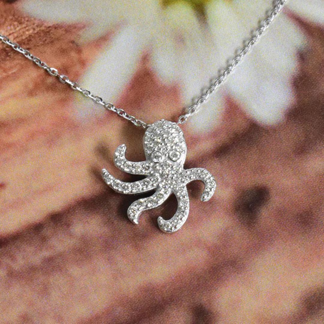 Women's or Men's 14k Gold Octopus Diamond Necklace Ocean Marine Life Jewelry For Sale