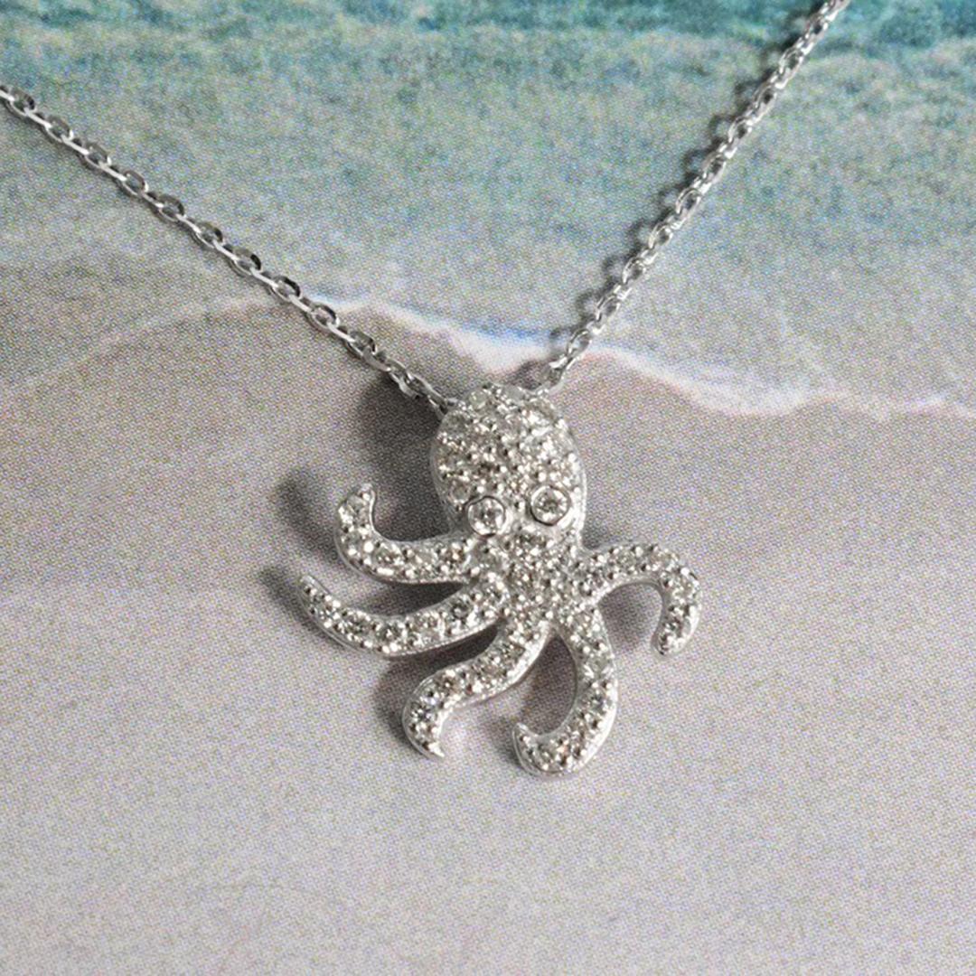14k Gold Octopus Diamond Necklace Ocean Marine Life Jewelry For Sale 1
