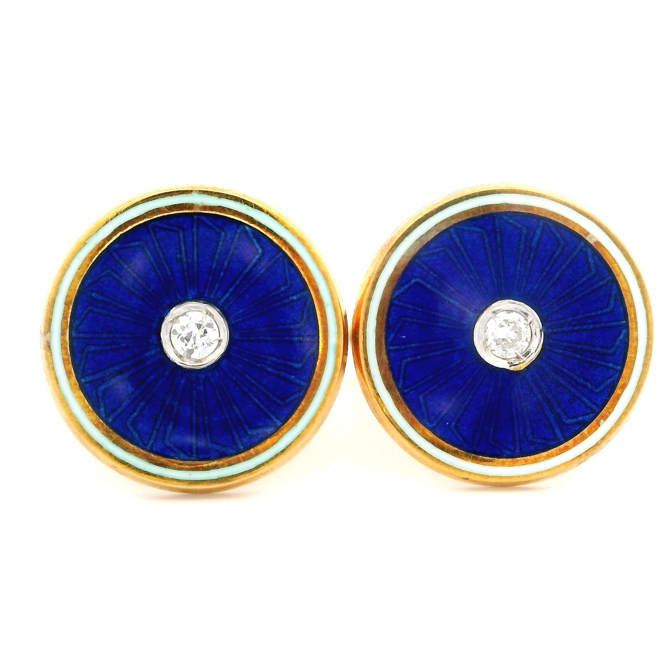 --Stone(s):--
(2) Natural Genuine Diamonds - Old European Cut - Bezel Set - White Color - 0.10ctw (approx.)

Material: Solid 14k Yellow Gold w/ Vivid Guilloche Blue & White Enamel Work
Weight: 11 Grams
Panel Diameter: 15.3mm (0.60