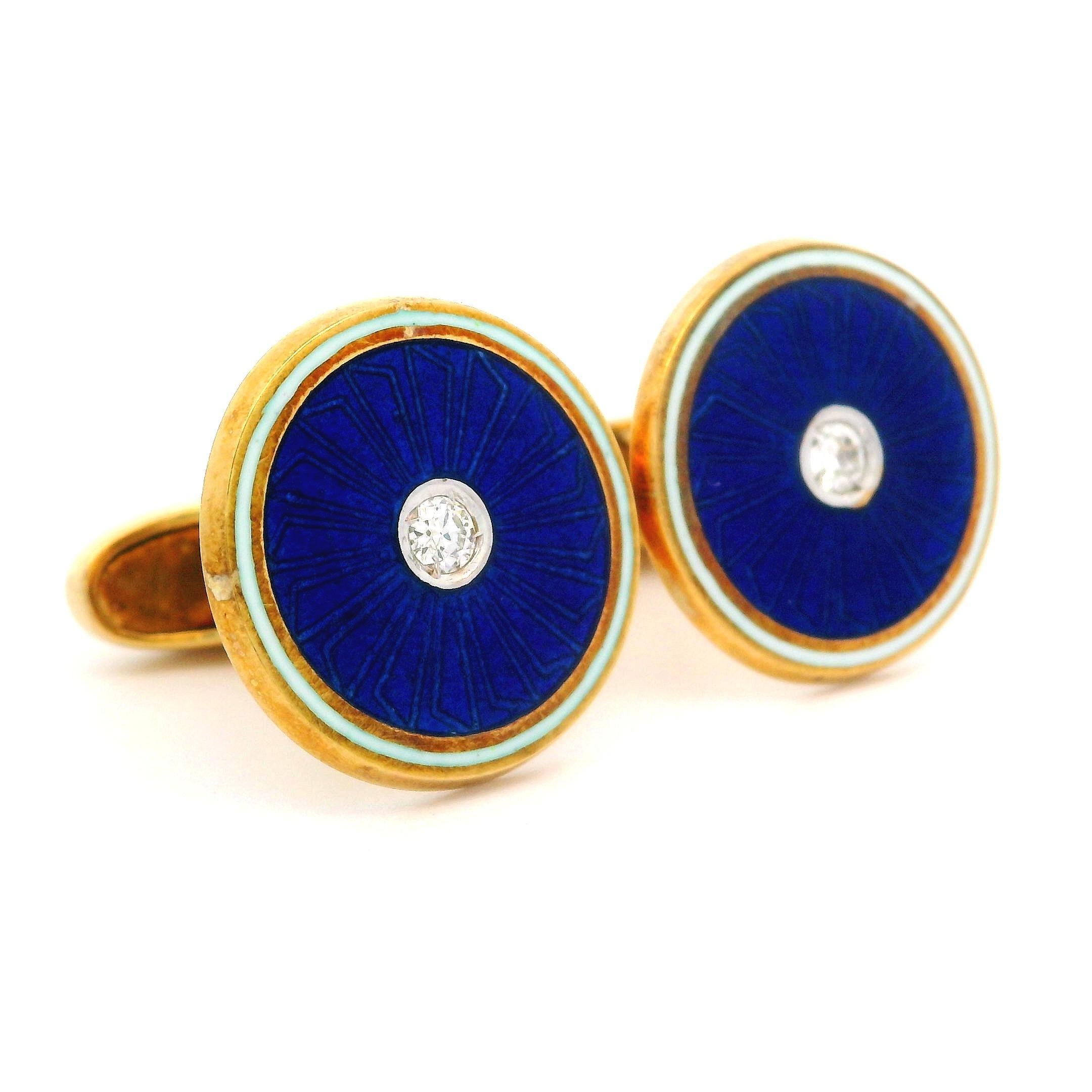 Old European Cut 14k Gold Old European Diamond Guilloche Blue & White Enamel Round Cufflinks